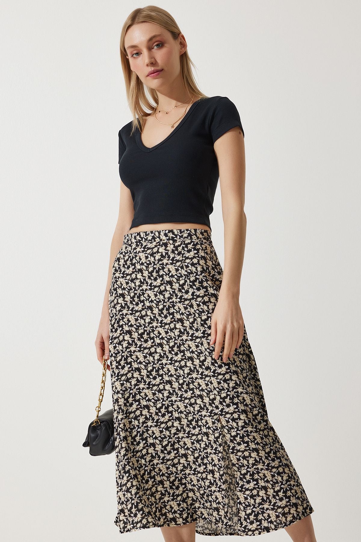 Female Black Beige Flower Swantry Summer Viscose Skirt MX00165