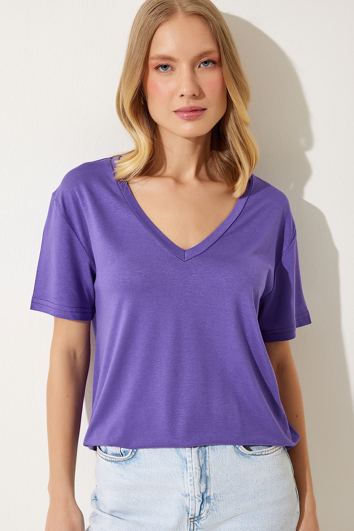 Woman Purple V-Neck Basic Viscose Knitting T-Shirt EN00613