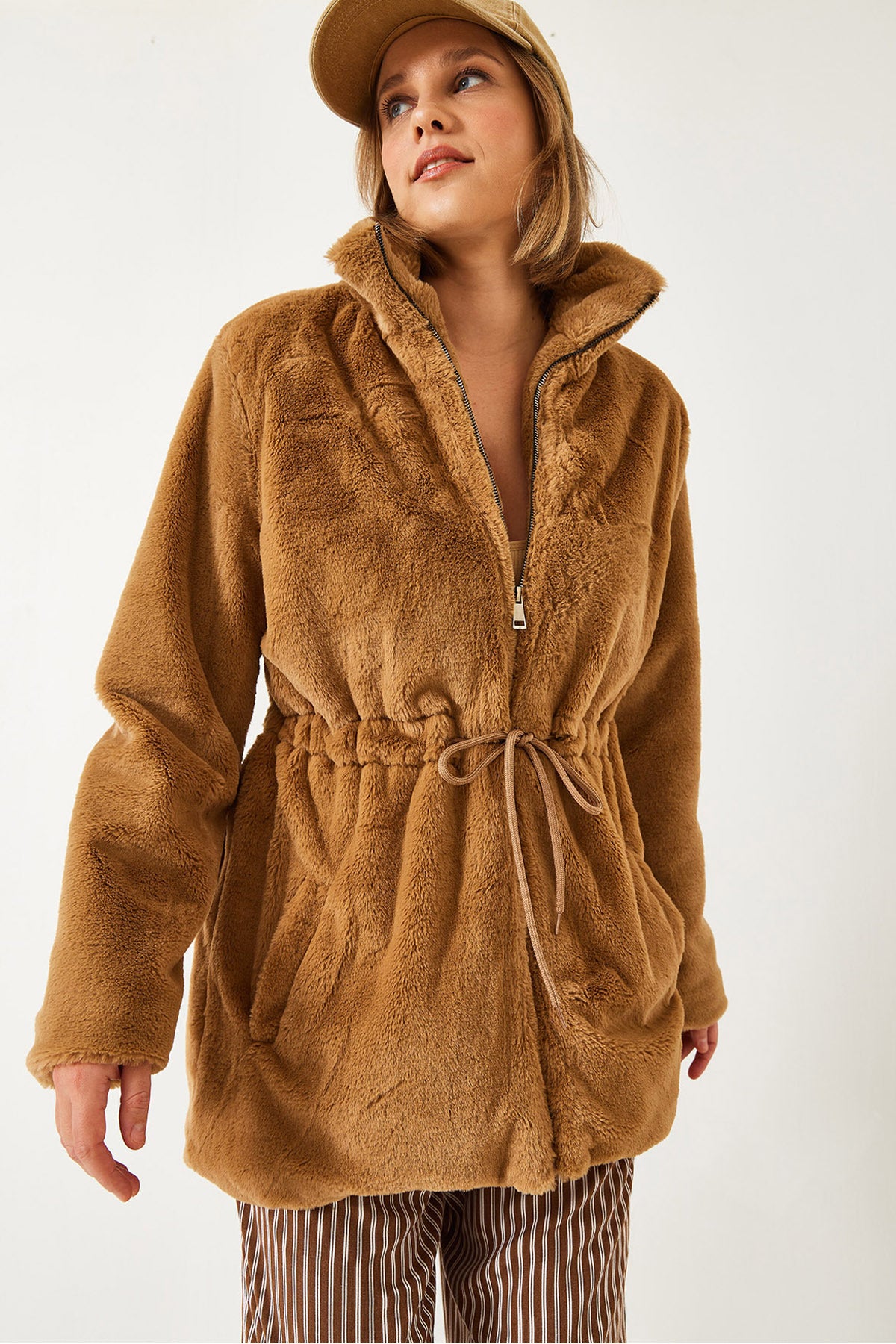 Women's Zippered Long Waist Elastic Fur Coat 2049 60141006