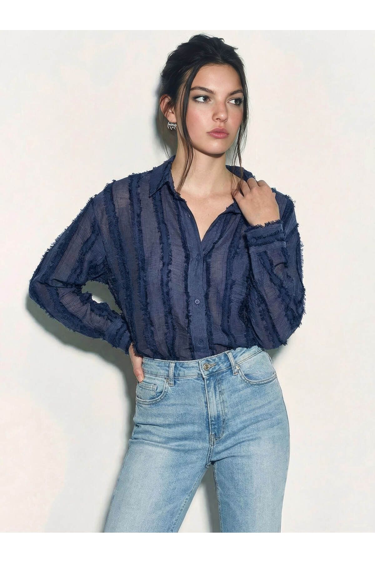 Women's Textured Stripe Patterned Tassel Detailed Single Pocket Oversize Shirt 8089 60283935