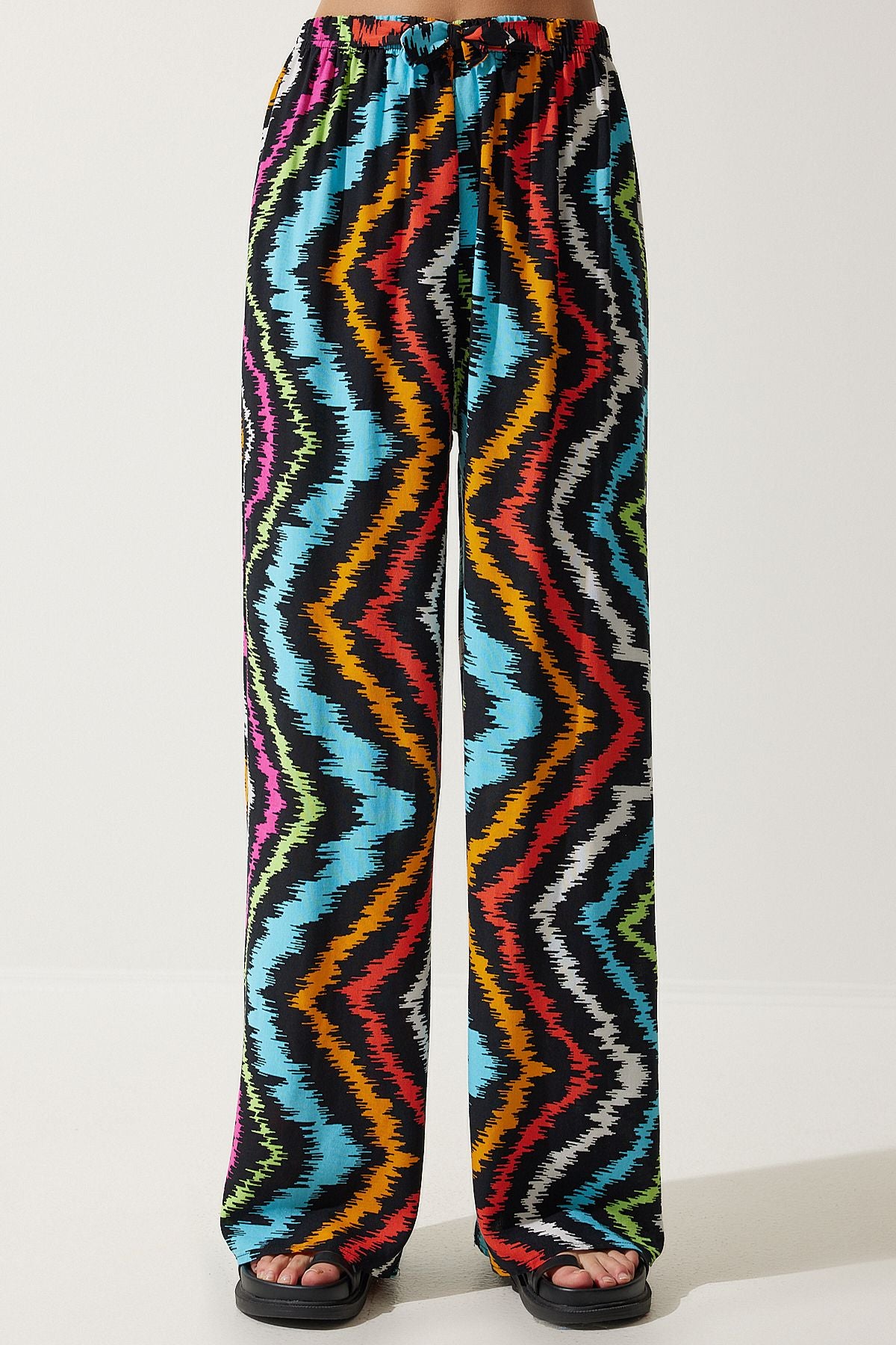 Female Black Blue Patterned Viscose Palazzo Pants EN00606
