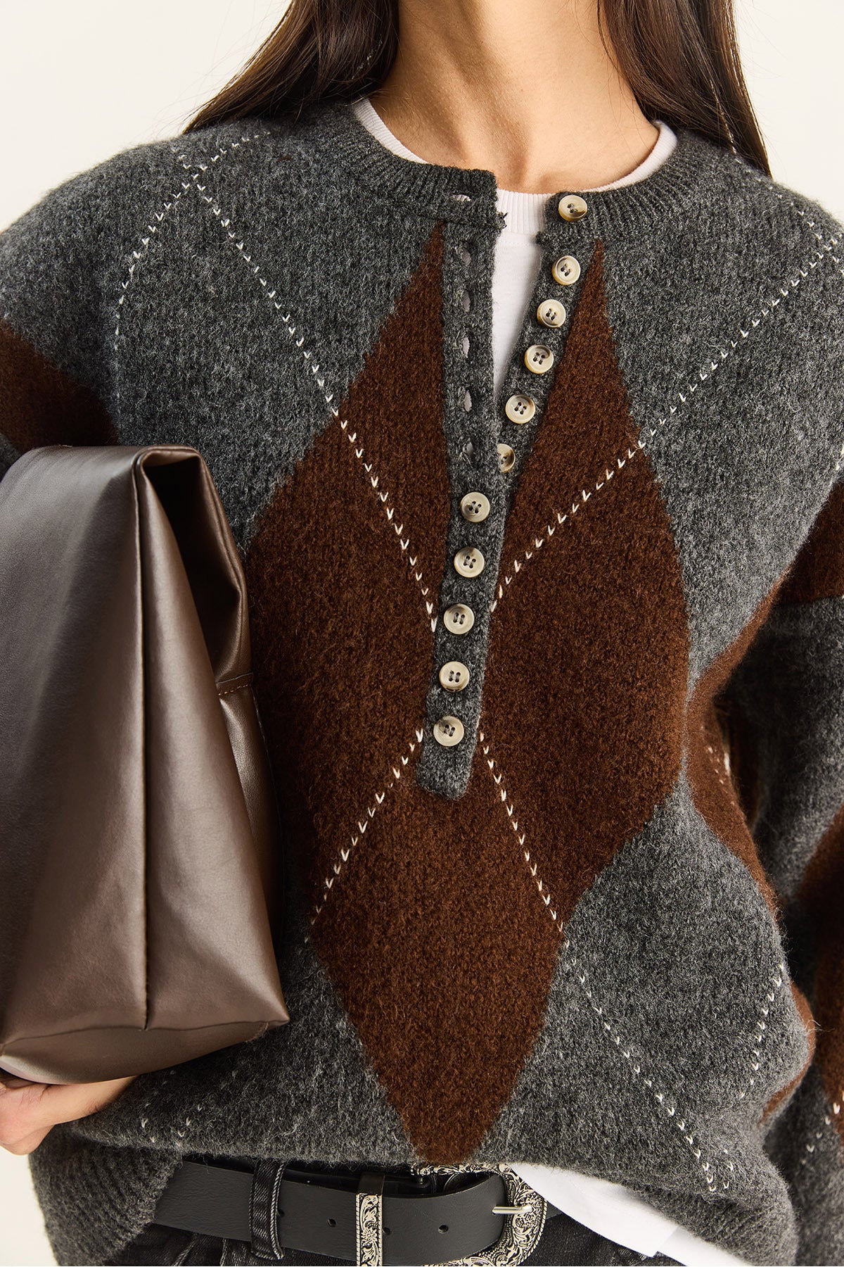 Women's 11 Buttons Diamond Patterned Basic Knitwear Sweater 20251089