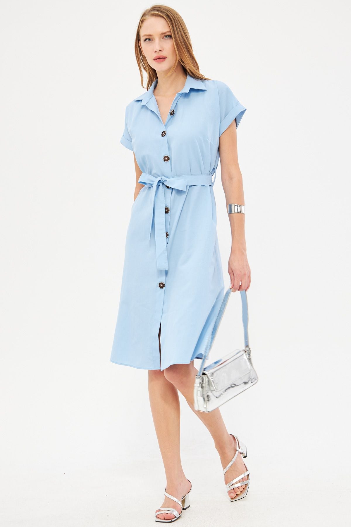 Woman Baby Blue Waist Belt Short Sleeve Shirt Dress ARM-19Y001068