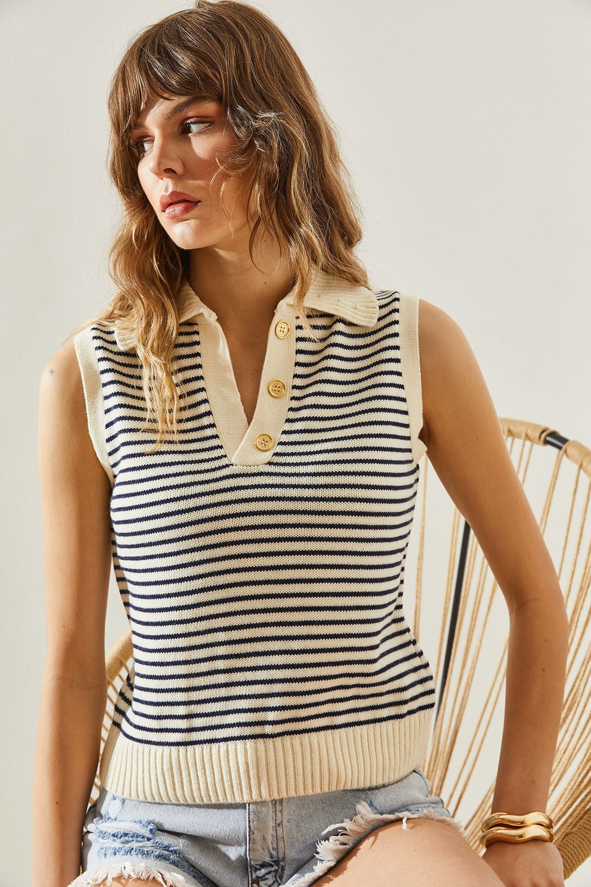 Women's button detailed knitwear striped sweatter20246141
