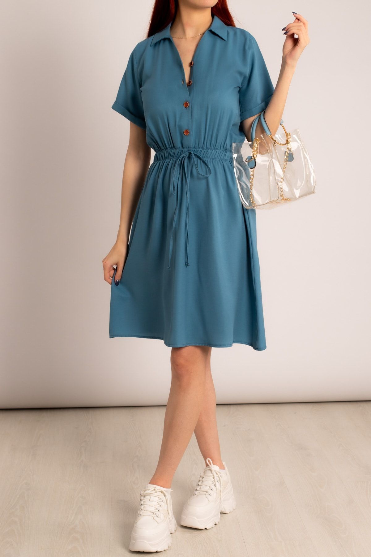 Woman Indigo Waist Tire Short Sleeve Shirt Dress ARM-23Y001035