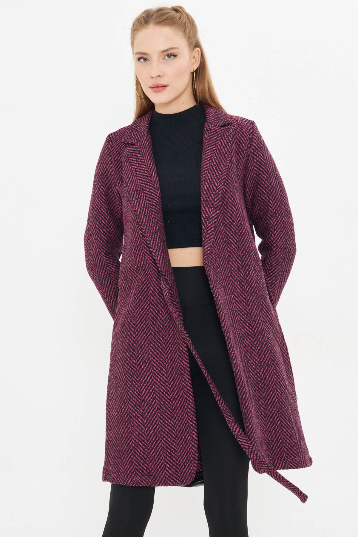 Women's Fuchsia side-binding fish back pattern long stamp coat ARM-24K001010