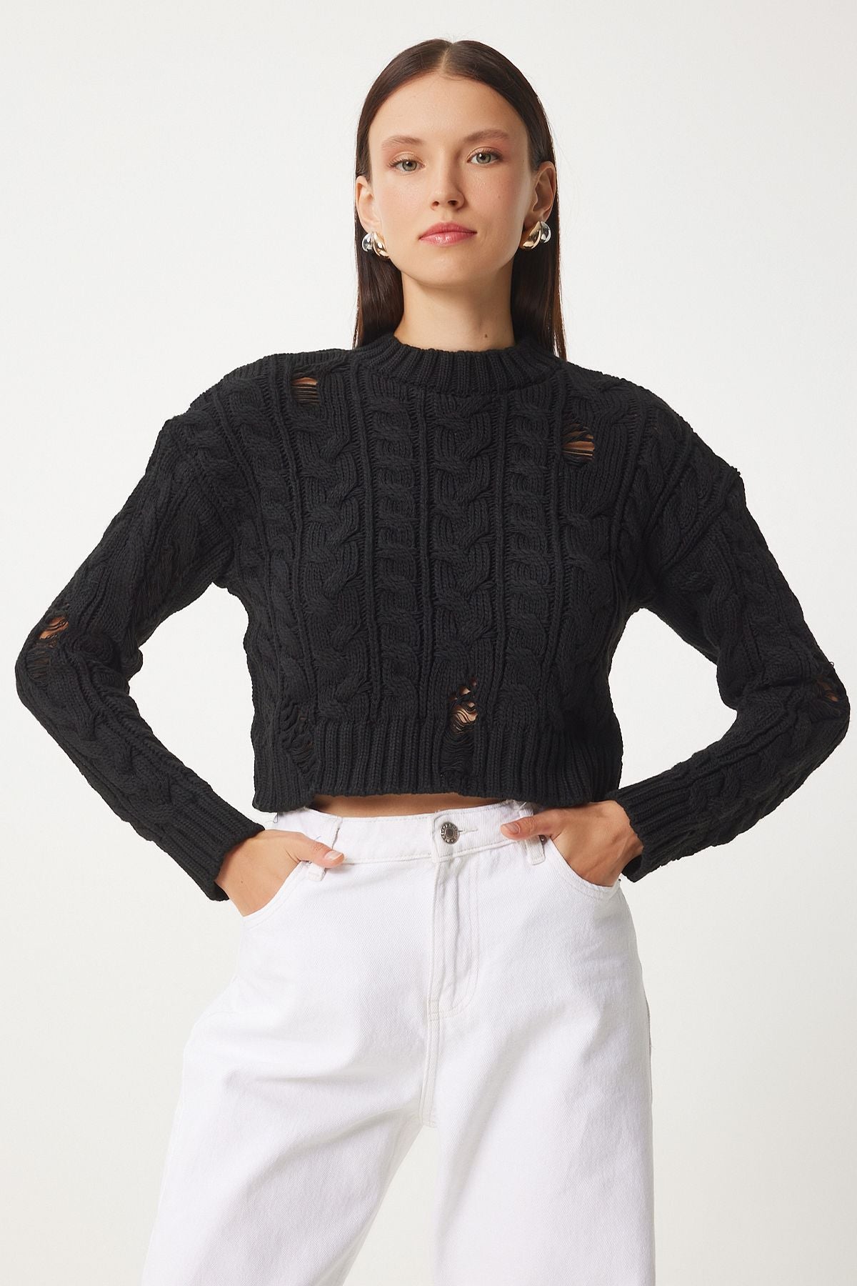 Female black tear detailed braided knitwear sweater FN03339