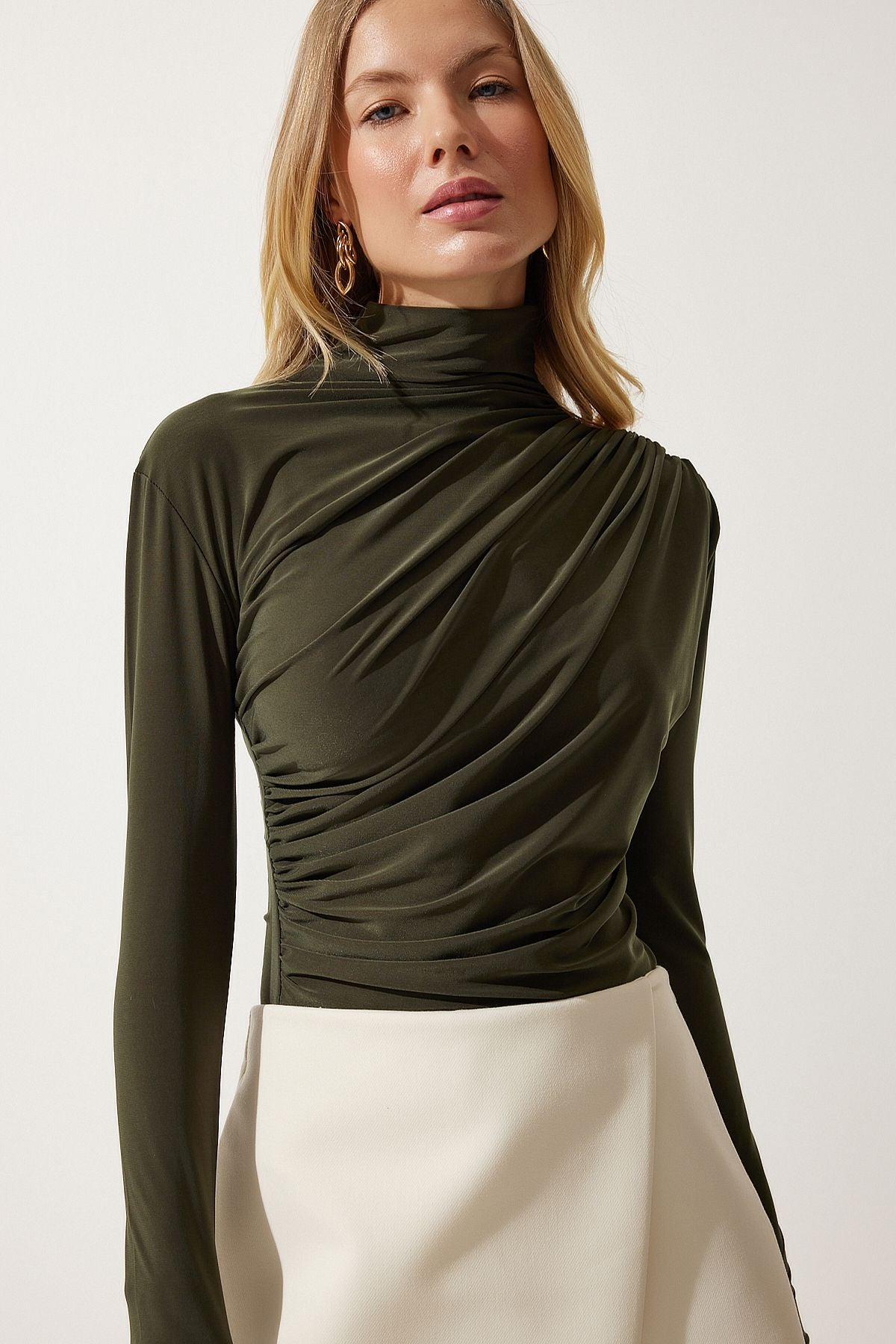 Female Khaki Shirring Detailed Red Neck Sandy Blouse FF00135
