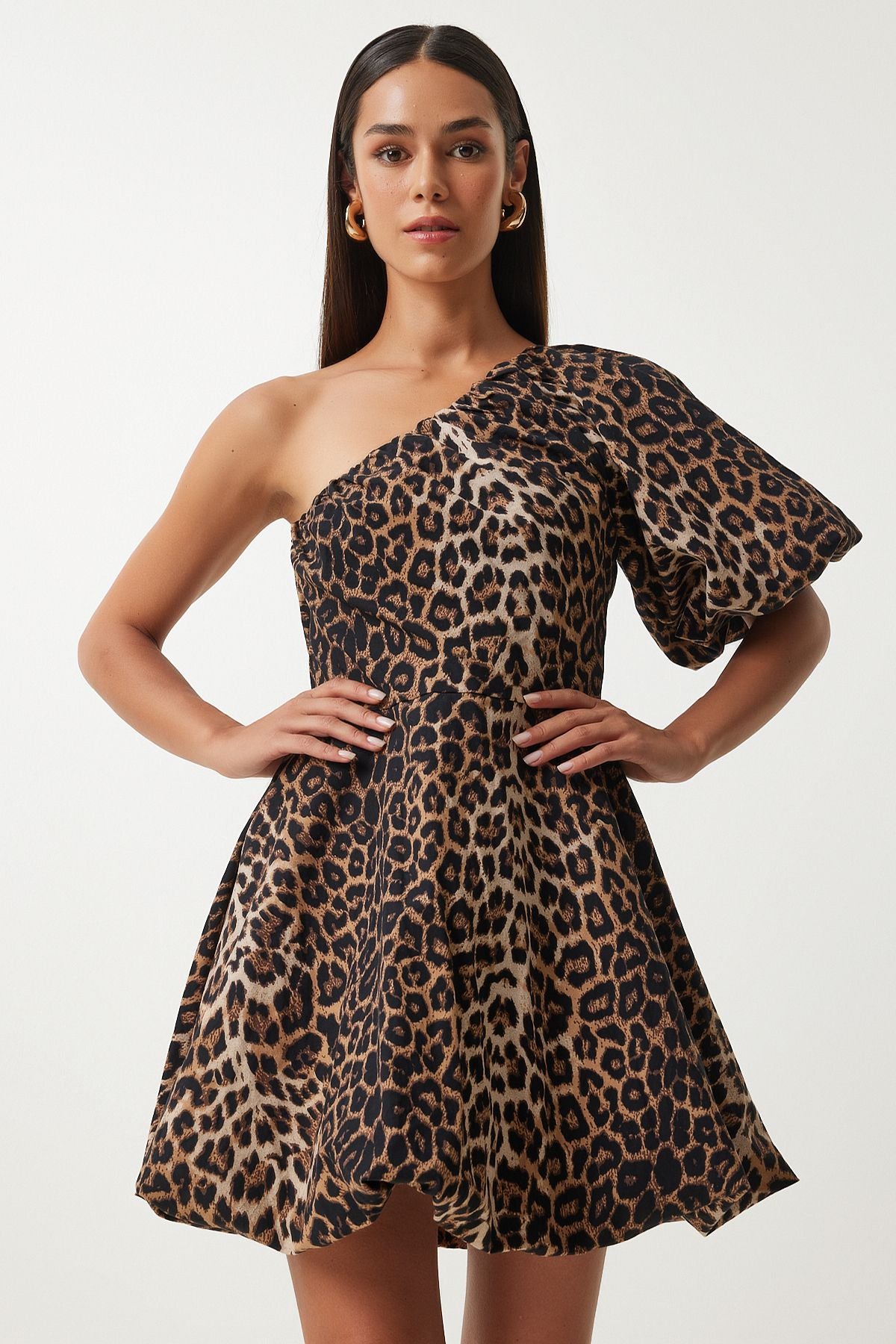 Female Black Beige Leopard Patterned Balloon Sleeze One Shoulder Woven Dress UL00034