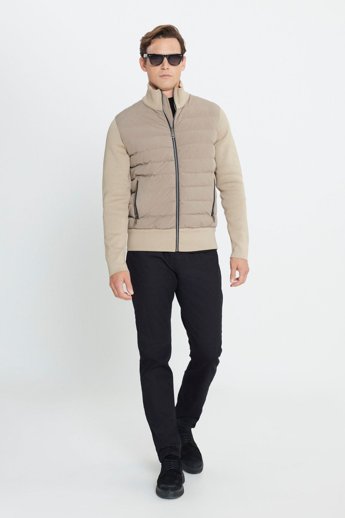 Men's beige standard fit normal cut upright collar coat
