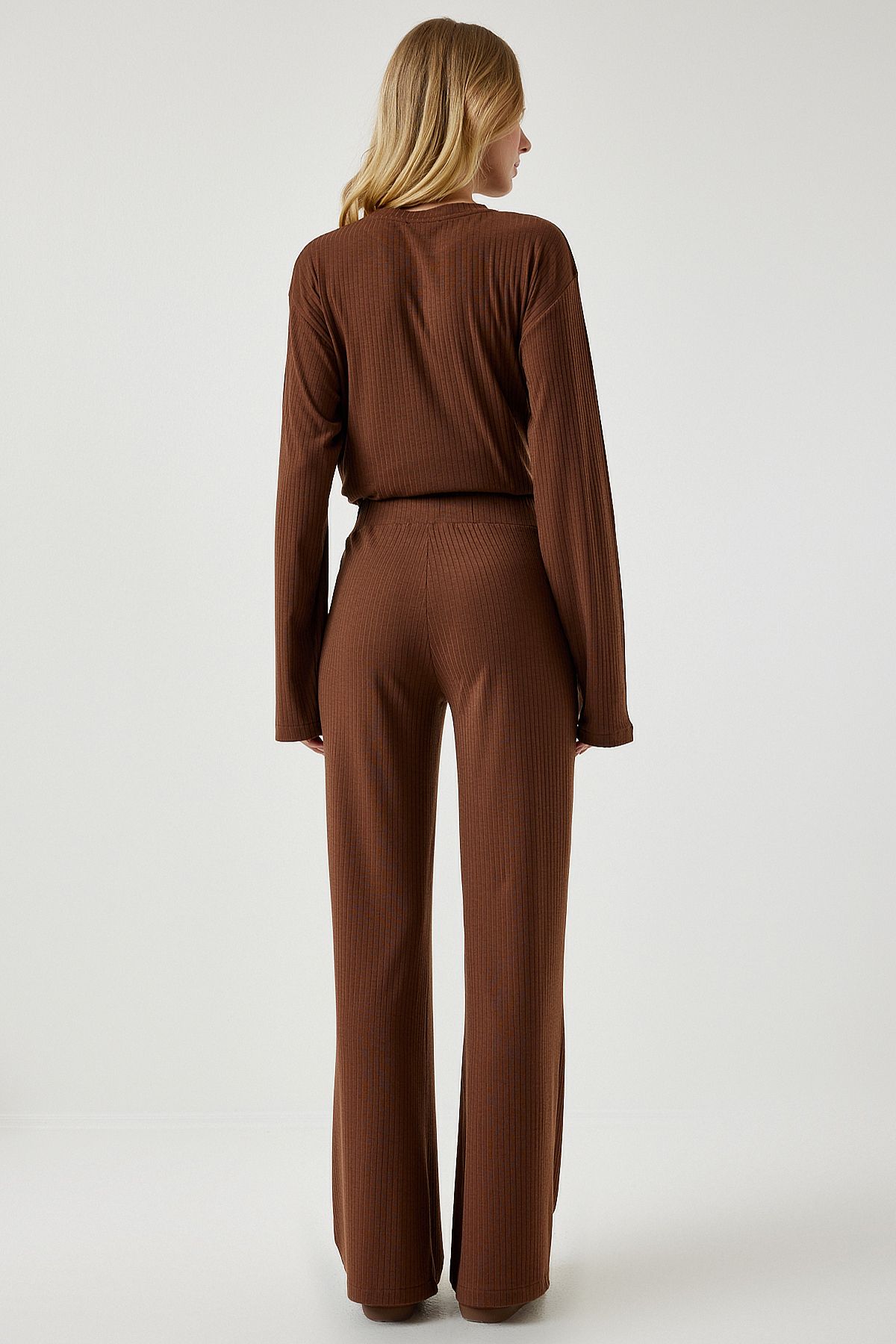 Female brown wick knitted blouse trousers set KH00088