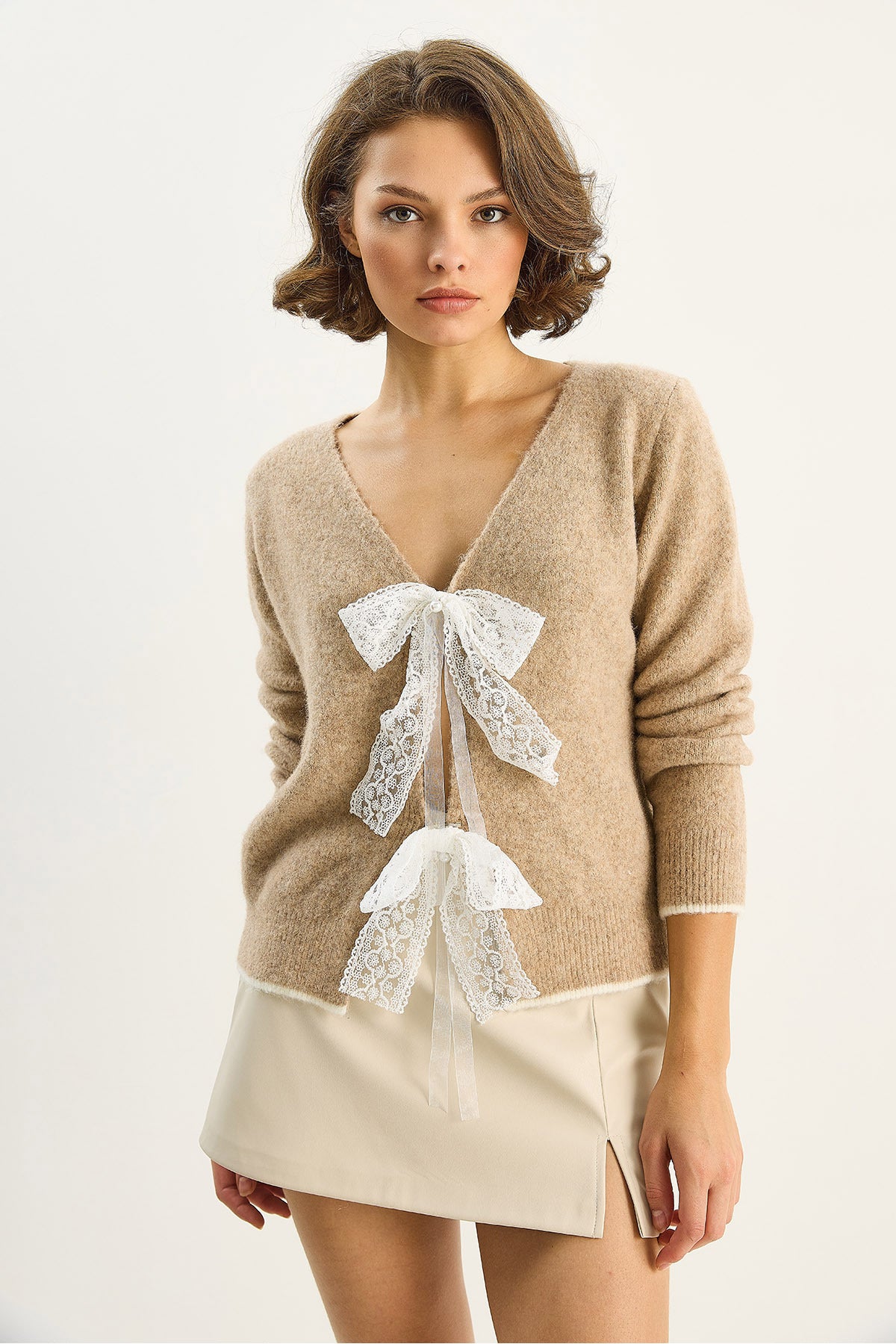 Women's V-Neck Bow Accessory Closure Knitwear Cardigan 9056 60283707