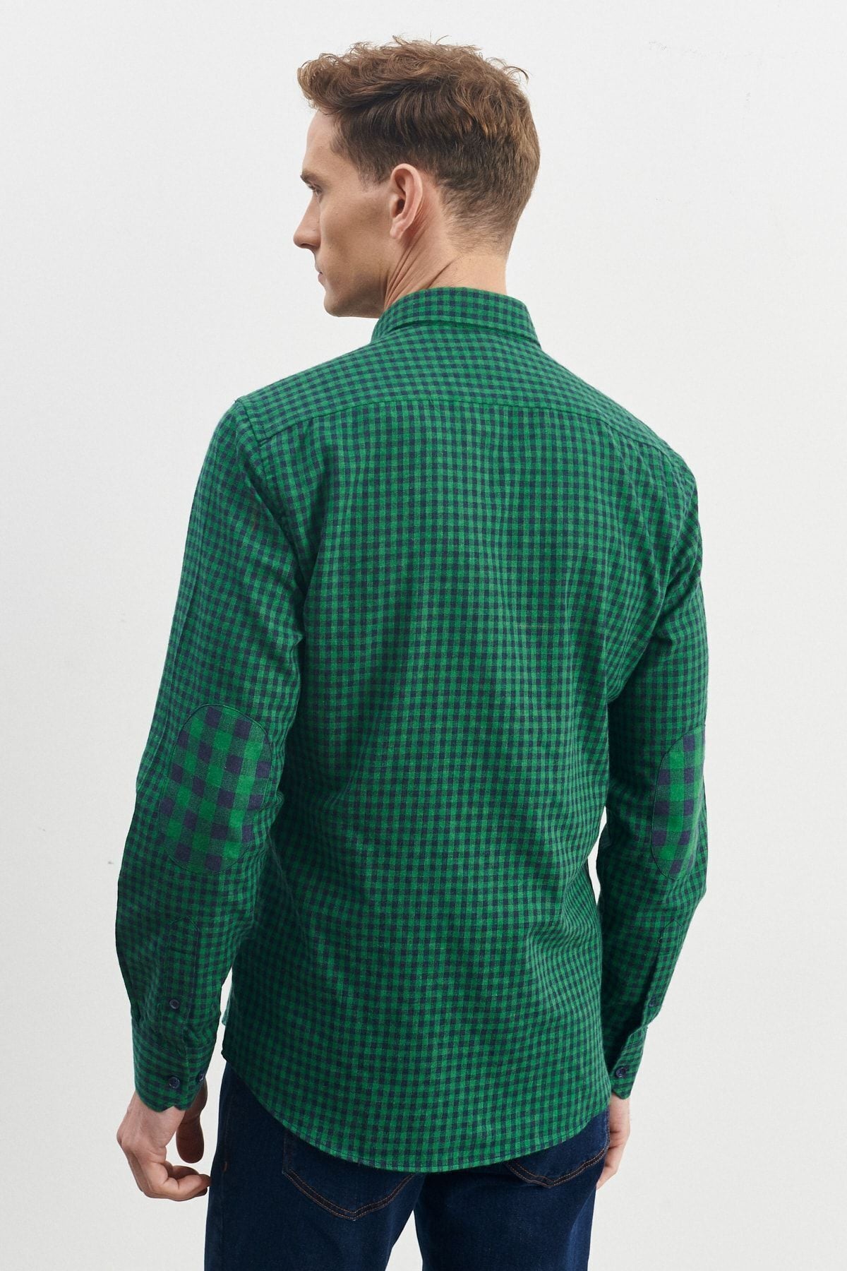 Men's green-lacivert slim fit narrow cut buttoned collar pötikareli flannel shirt