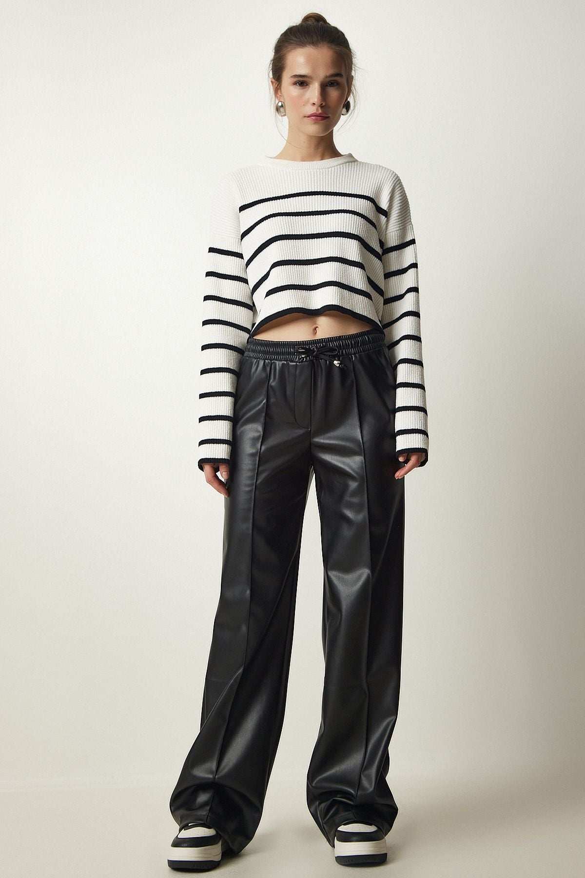 Female Black Premium Laced Artificial Leather Pants FN03156