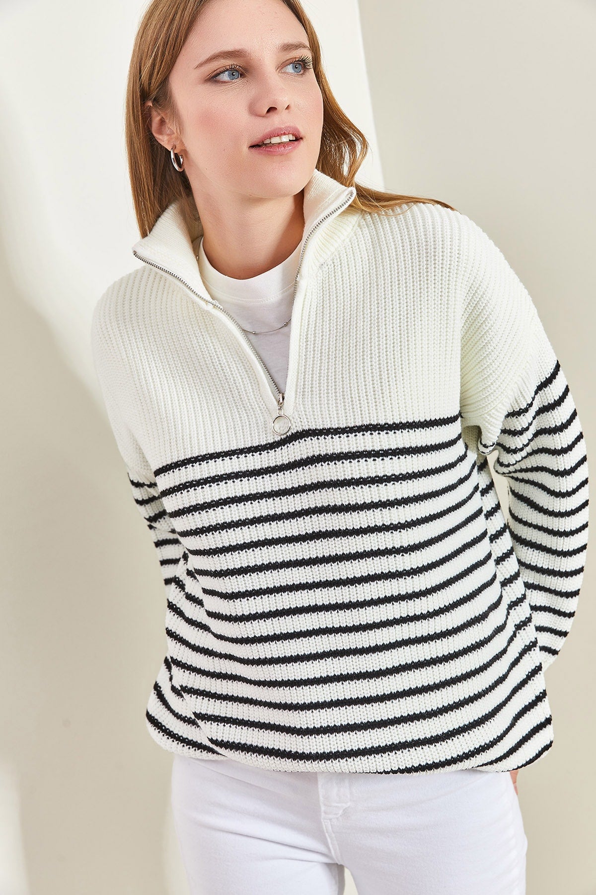 Women's Turtleneck Zippered Six Striped Knitwear Sweater 20223267