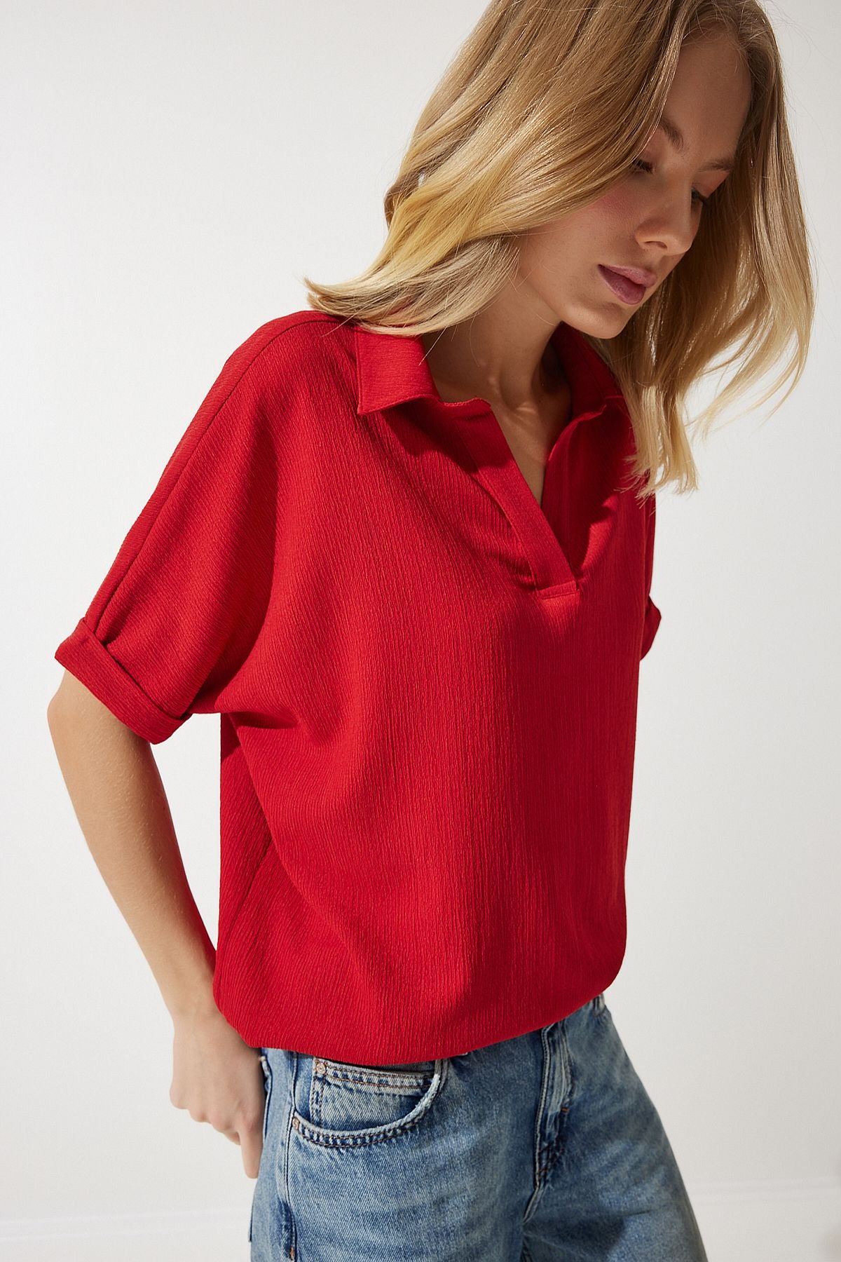 Woman Red Polo Yaka Knitting Kinkil Blouse DD01299