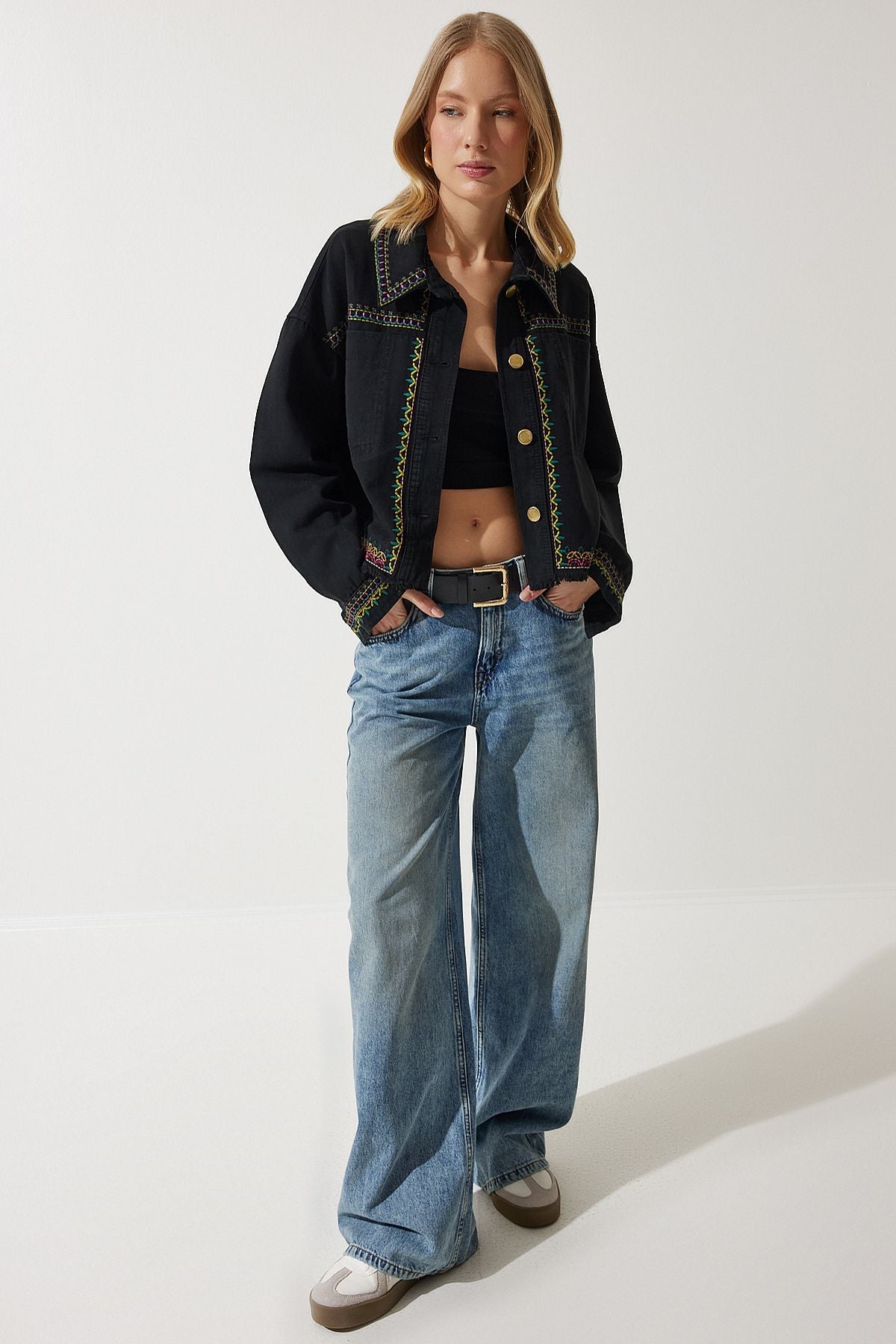 Female Black Embroidered Tassel Oversize denim jacket sa00018