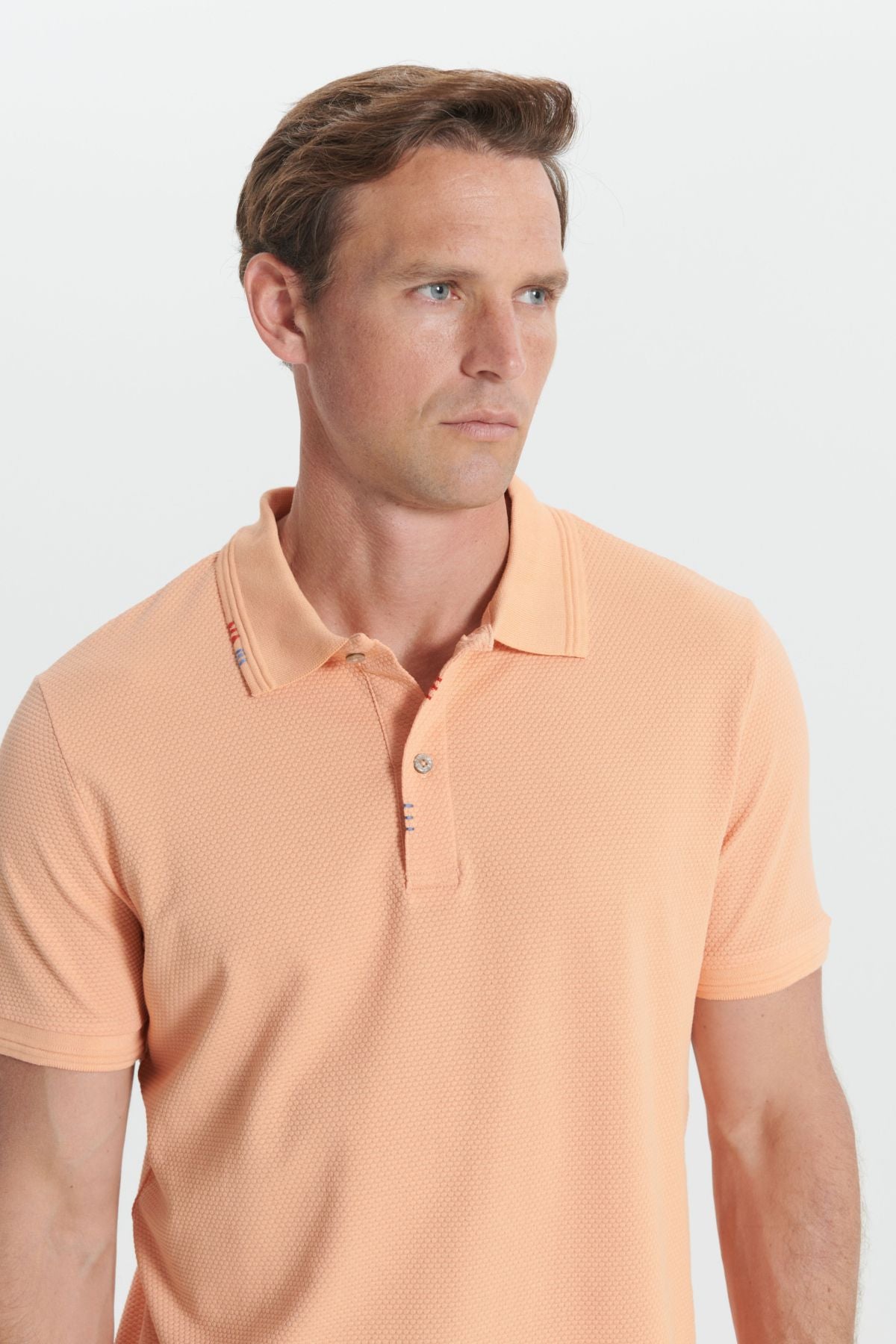 Men's open orange slim fit narrow cut polo collar printed cotton T -shirt