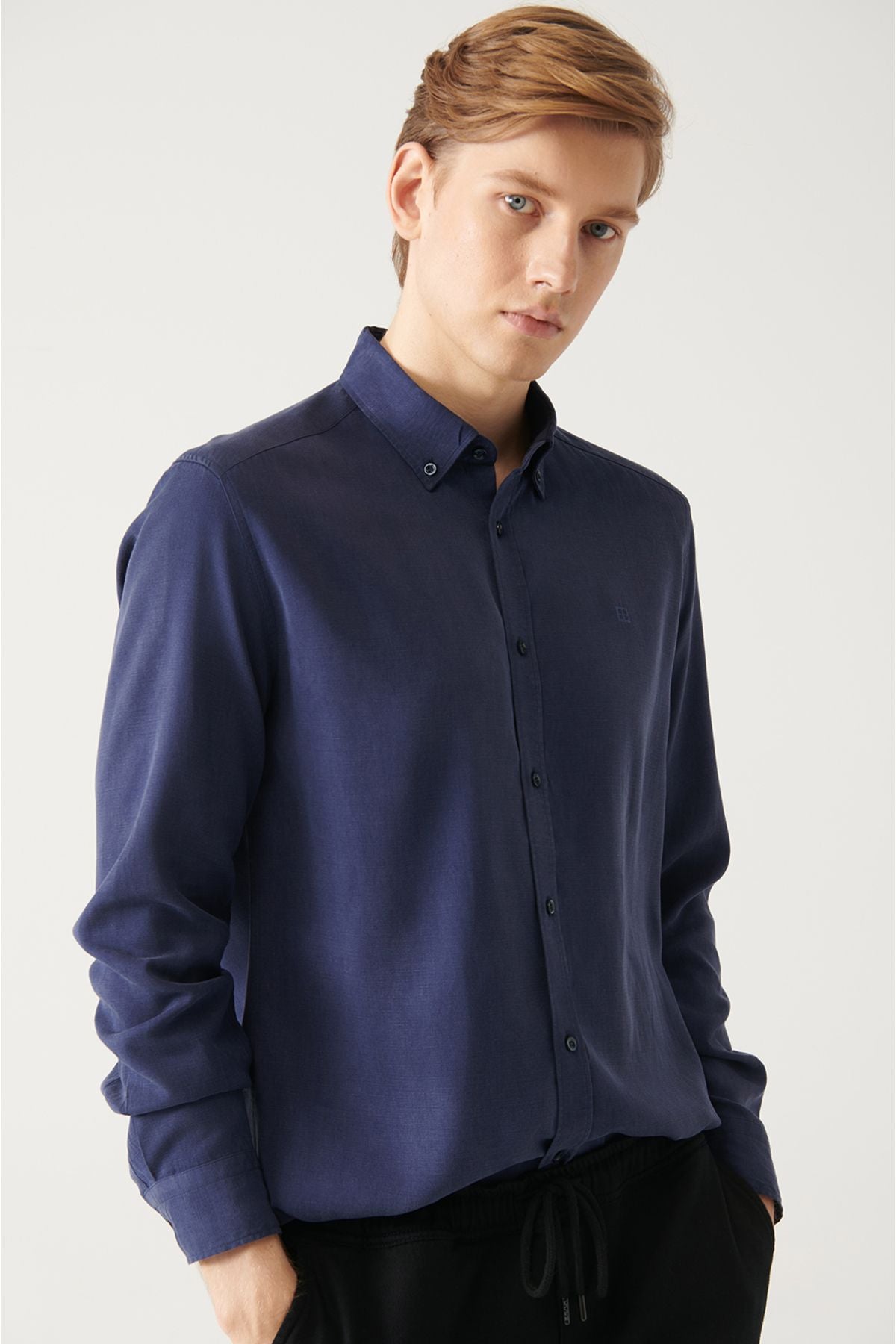 Navy blue button collar comfort fit Tensel shirt B002001