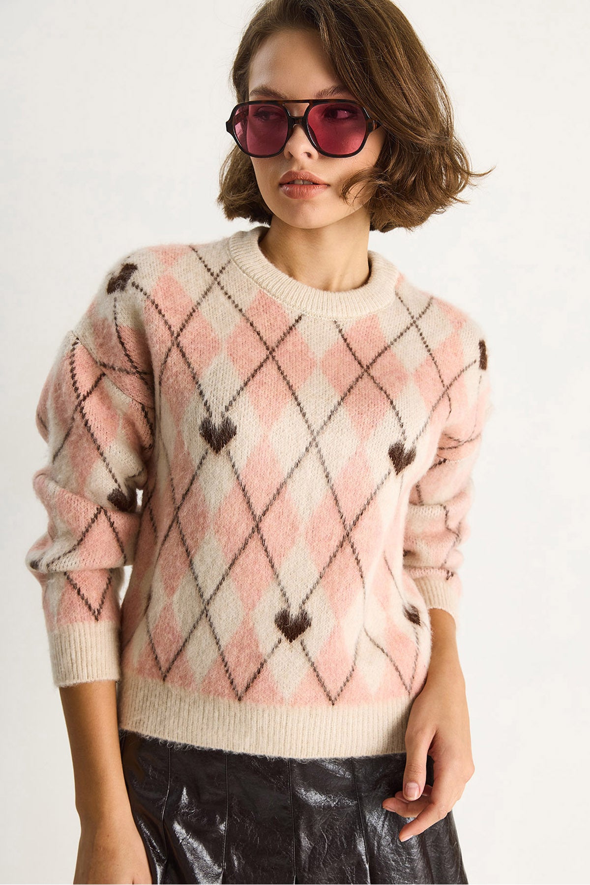 Women's Diamond Patterned Heart Jacquard Knitwear Sweater 9032 60283516