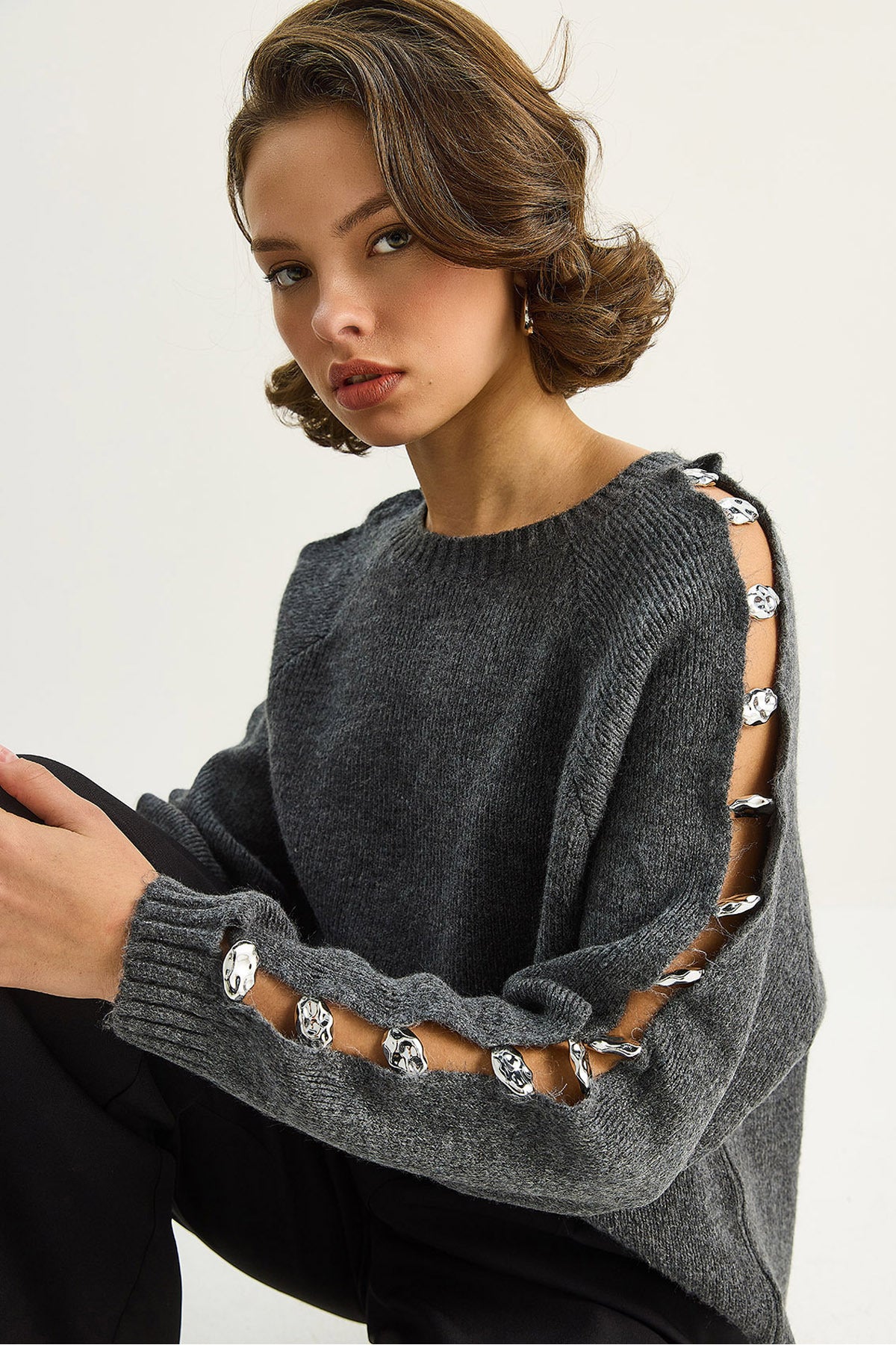 Women's Crew Neck Accessory Detailed Knitwear Sweater 4688 60283737