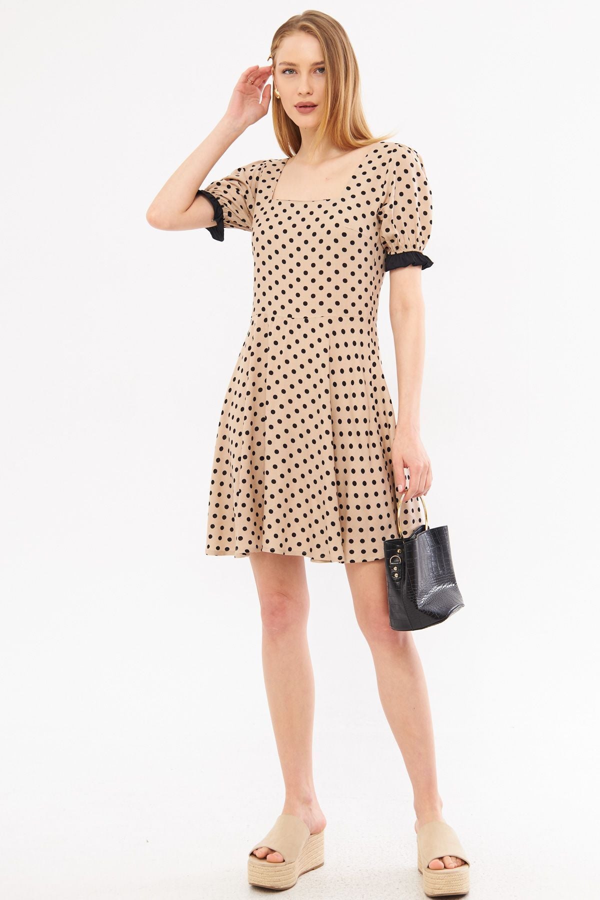 Female beige front back square neckline detailed dot watermelon watermelon armable mini dress ARM-24Y001051