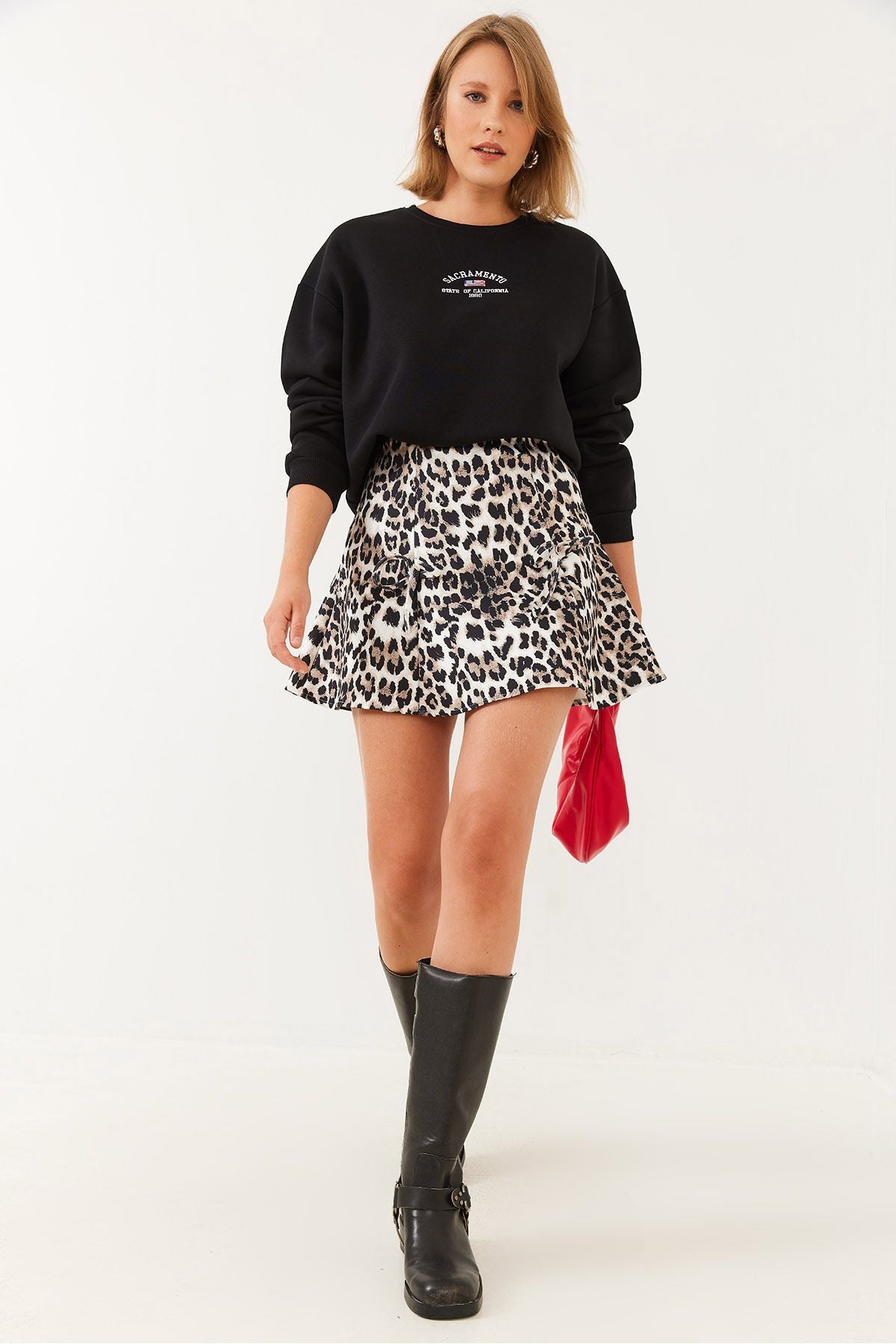 Women's bow detailed leopard patterned mini scuba skirt 60251820