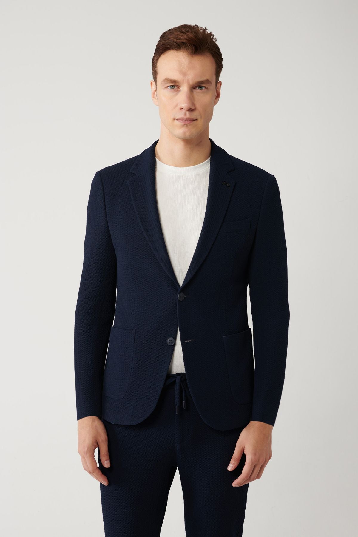 Men's navy blue slitted lined bi stretch fabric jacket A41y4032