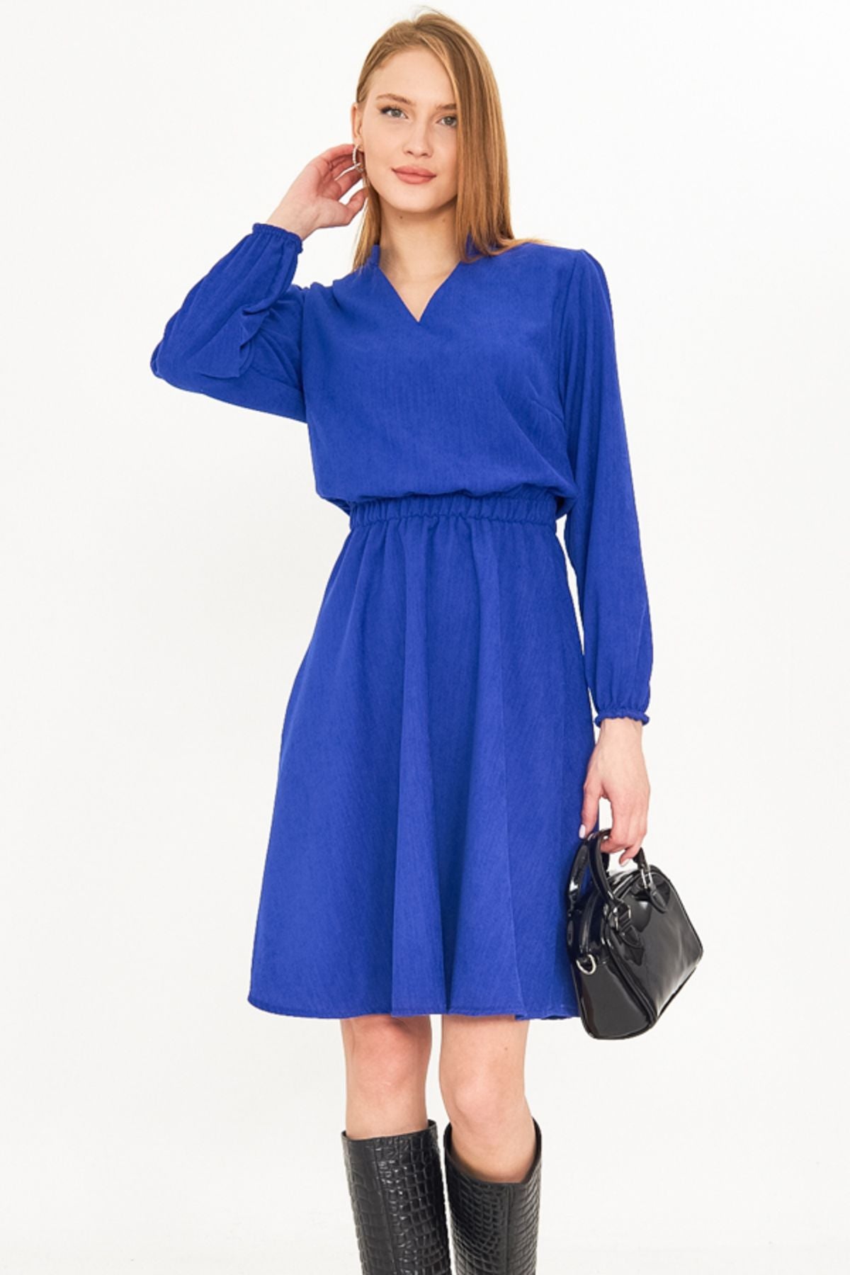 Female Saks Velvet V-neck Waist Thin Wick Fine Clash Dress ARM-25K001049