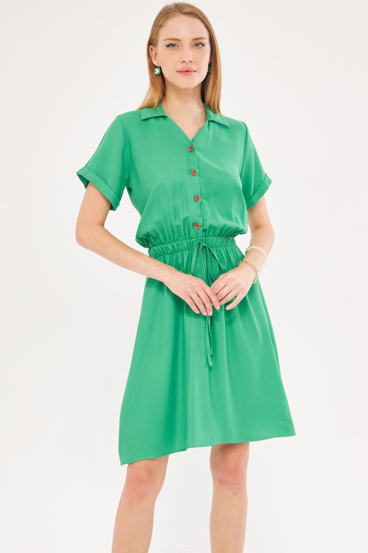 Woman Light Green Waist Tire Short Sleeve Shirt Dress ARM-23Y001035