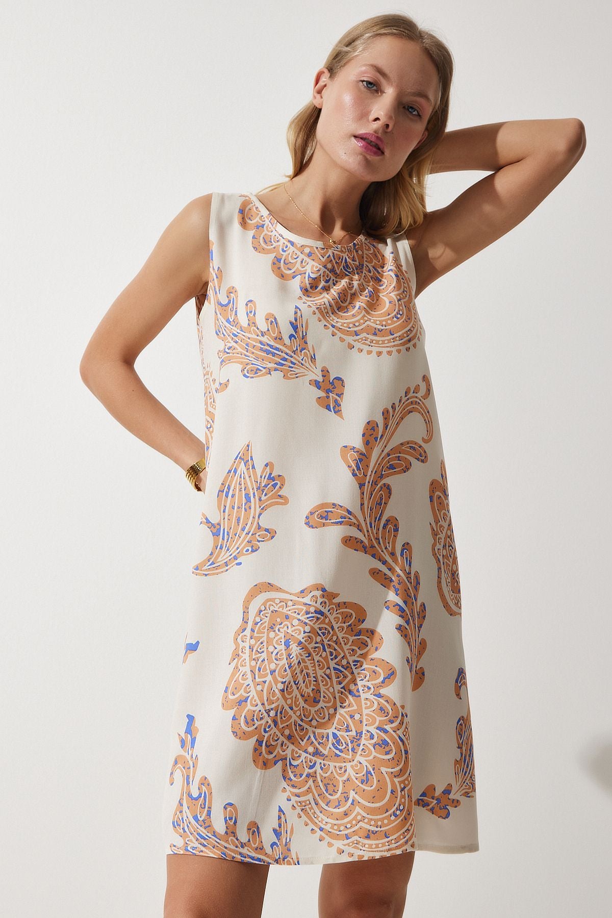 Women's Cream Peach Patterned Linen Viscose Mini Dress BH00343