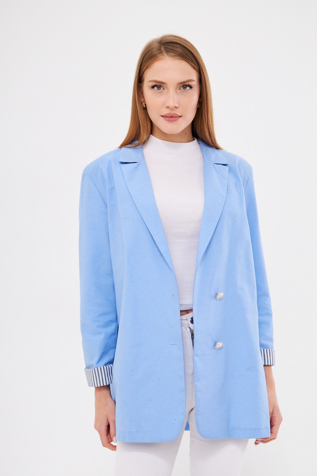 WOMEN BABY BLUE BLUE CREMAZE YOVA ARL FOLLOWING DETAILED OVERSESSE PLACKLOW BLAZER JACKET ARM-25K001015