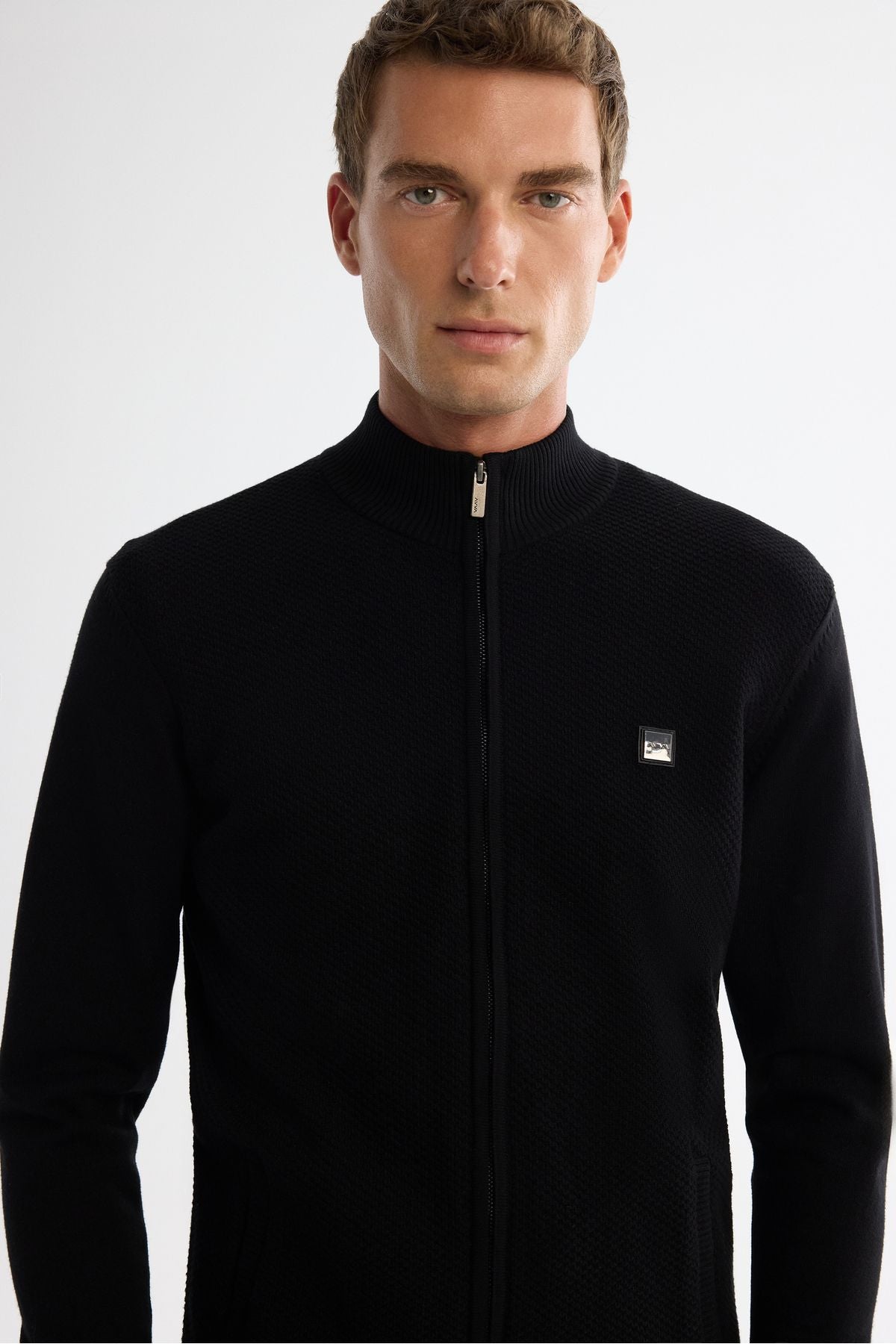 Men's black upright collar zipper front textured soft touch knitwear cardigan A42y5143