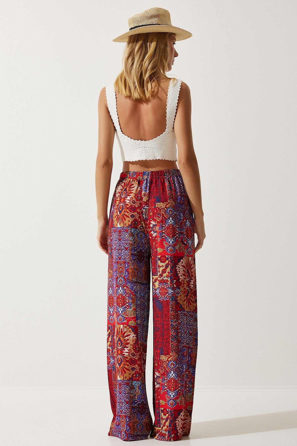 Woman Red Blue Patterned Viscose Palazzo Pants EN00606