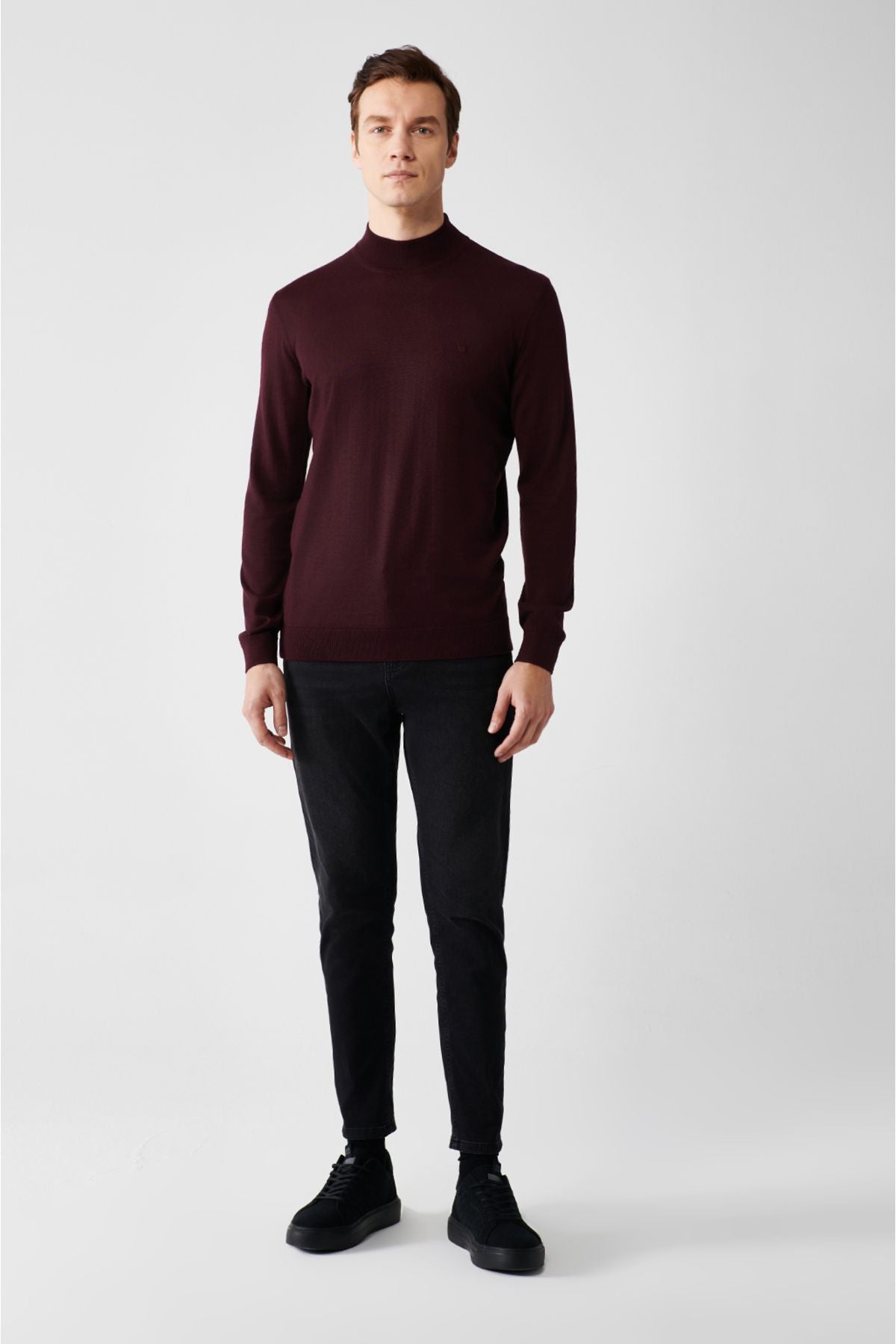 Men's Bordeaux Half Fisherman Neck Wool Mixed Knitwear Sweater B005015