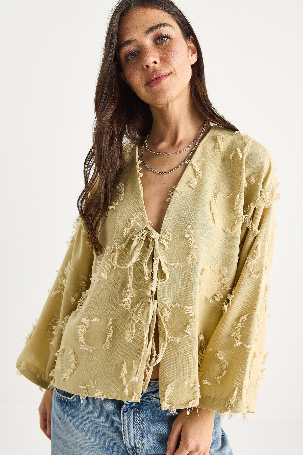 Women's Tie-Front, Self-Embroidered Tasseled Loose Kimono 7012-2 60283410