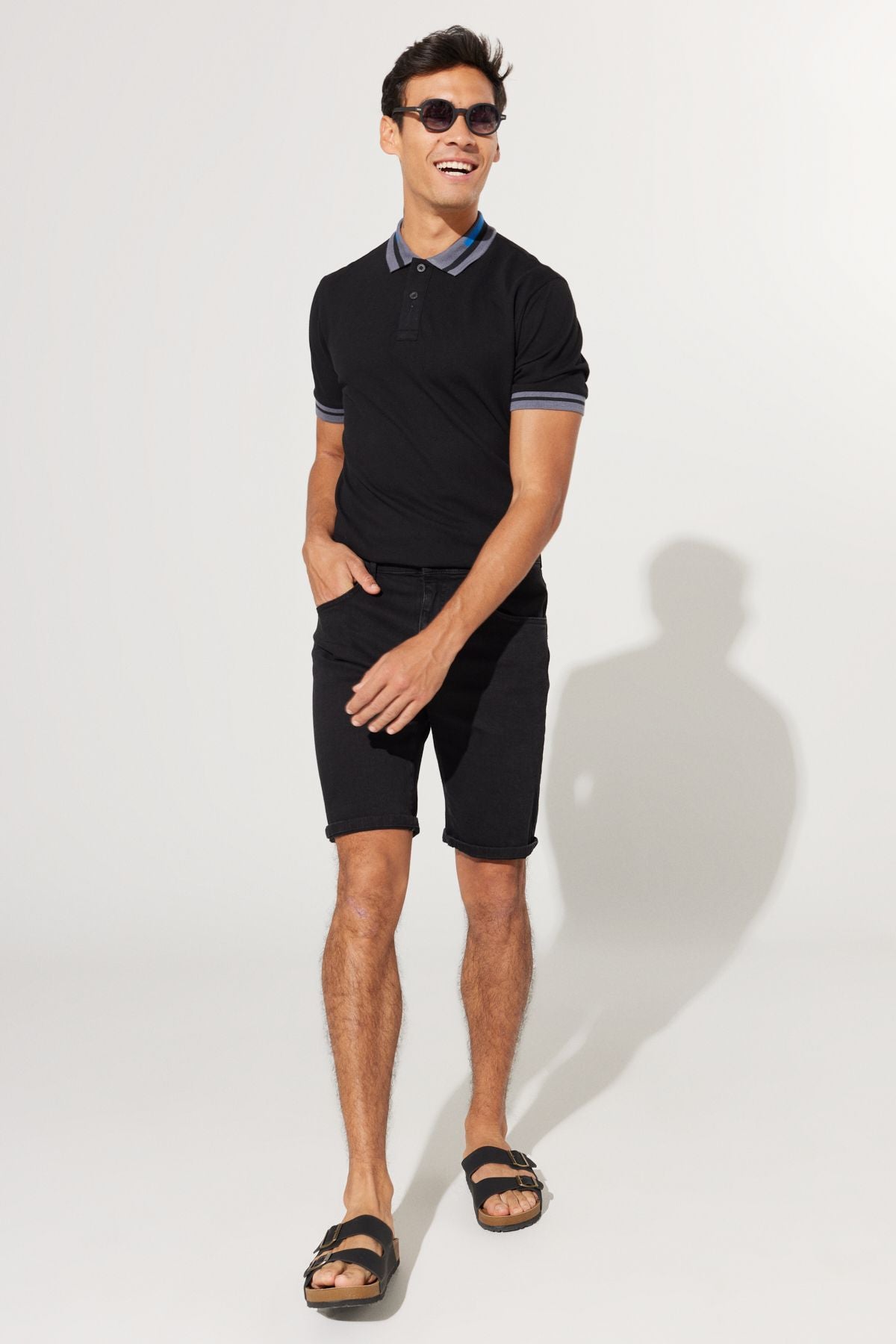 Men's black slim fit narrow cut cotton flexible denim shorts