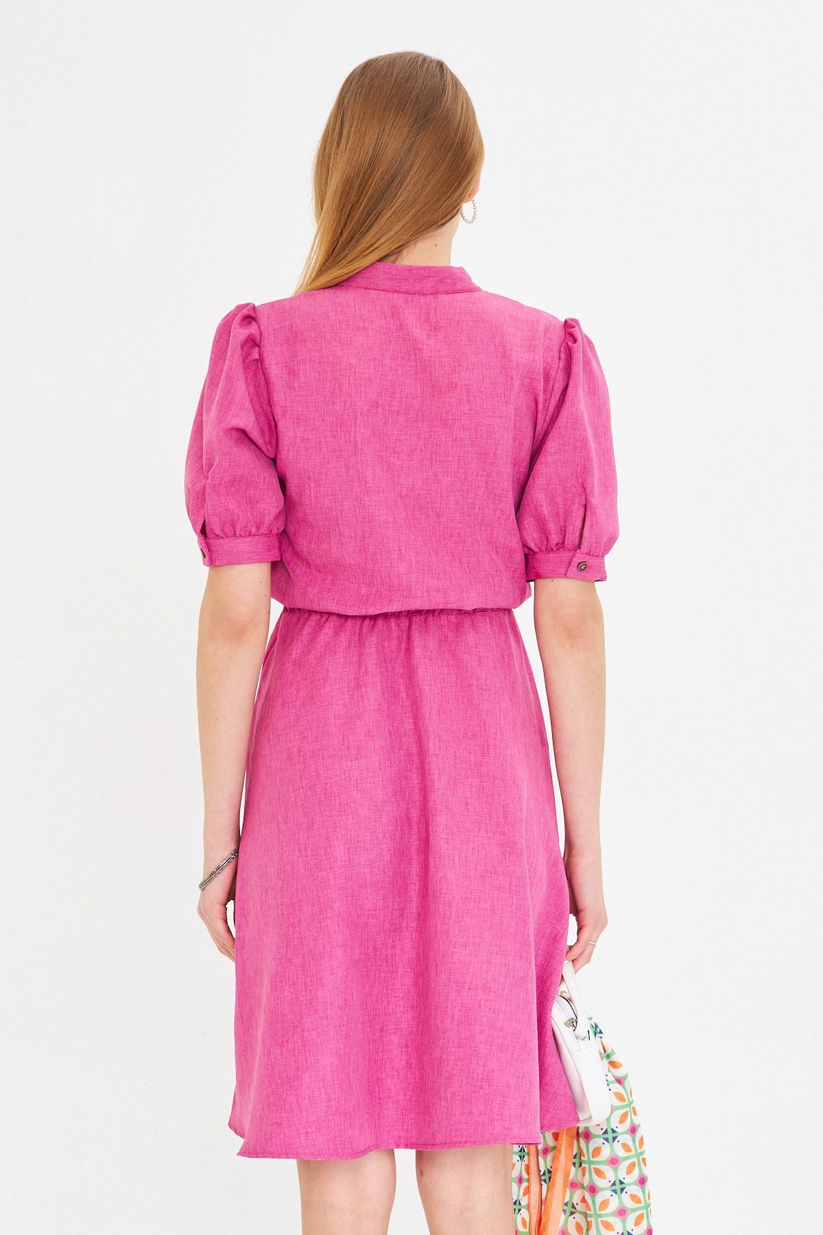 Women's Fuchsia V-Yaka Waist Waist Tire Short Sleeve Clash Dress ARM-25Y001001