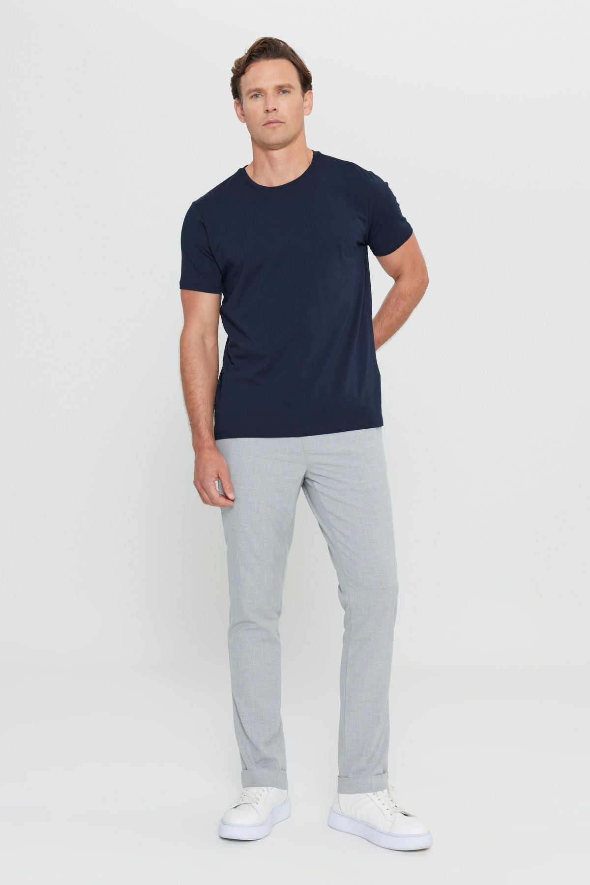 Men's navy blue 360 degrees stretching in all directions slim fit narrow cut bike bike collar t -shirt