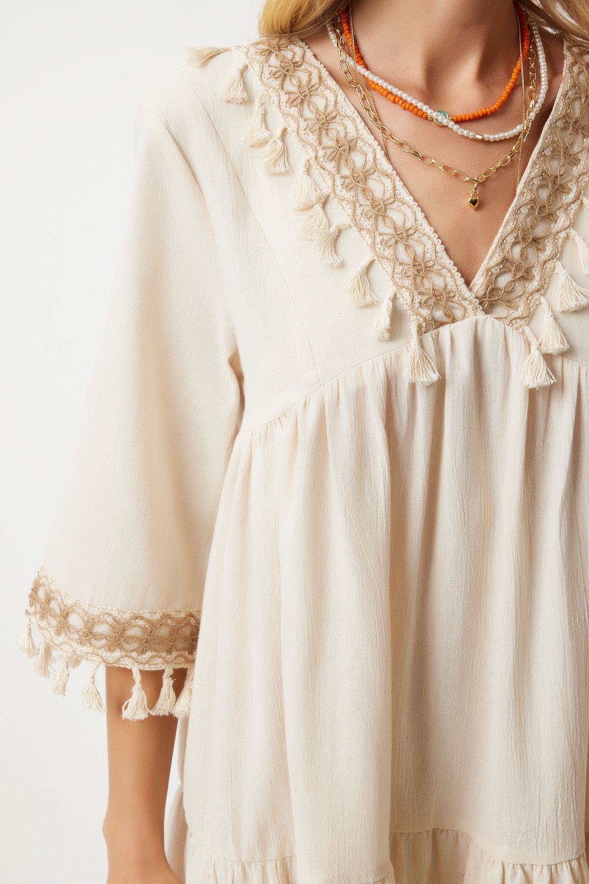 Women's cream v neck tassel detailed mini dress rv00194