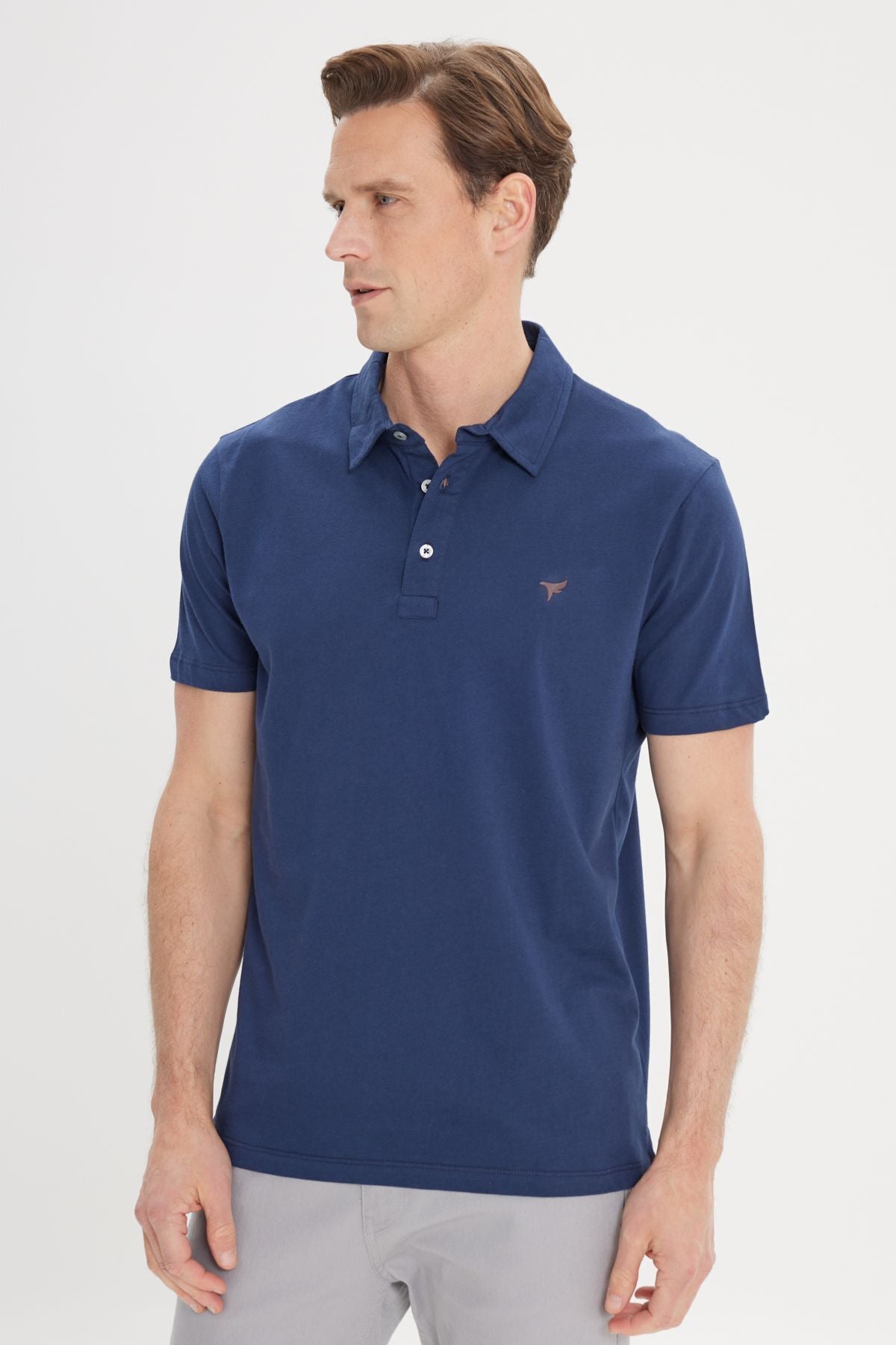 Men's Dark Navy Blue Standard Fit Normal Cutting 100 %Cotton Logo Detailed Polo Yaka T -shirt