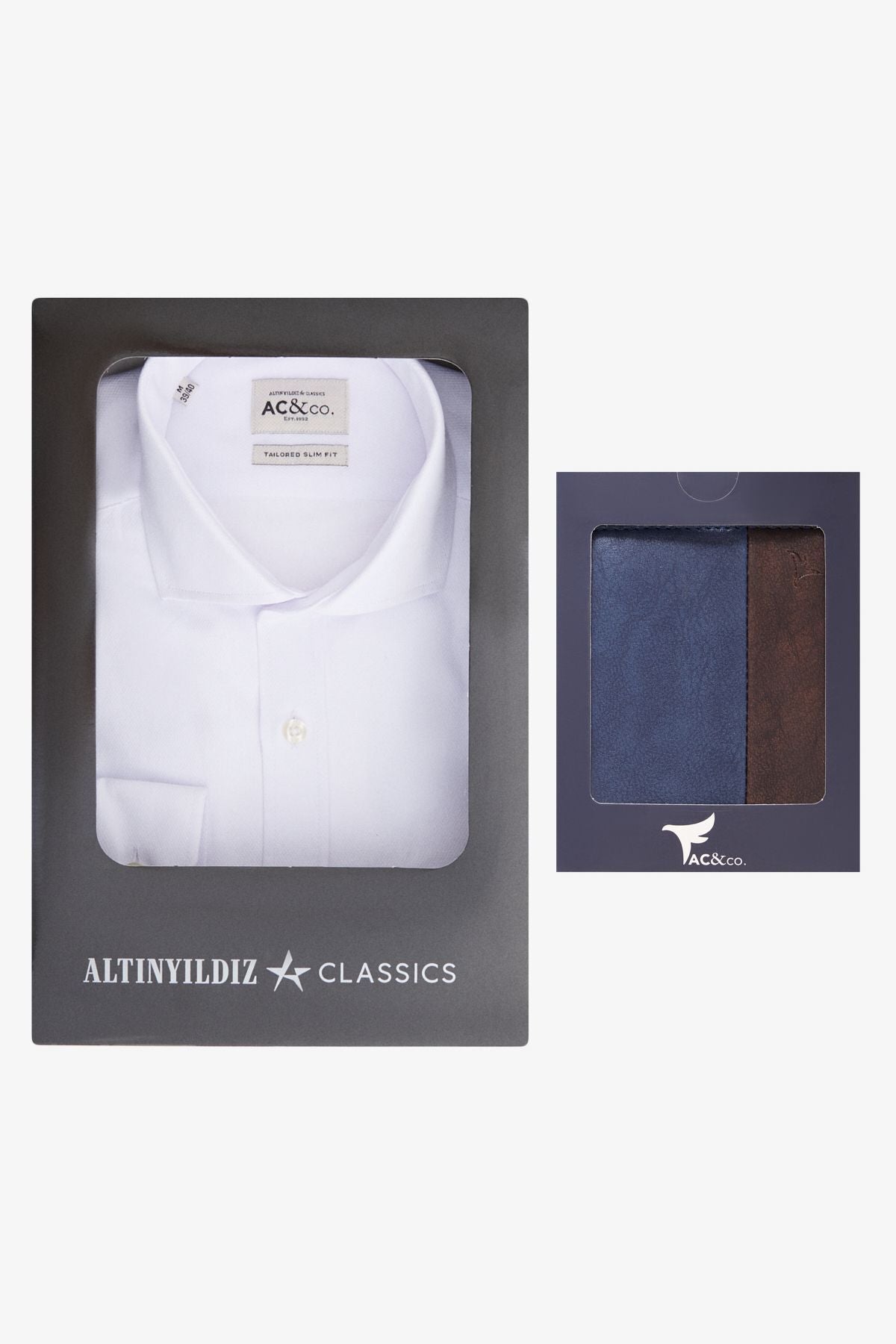 Men's White-Navy Blue-Brown Special Gift Boxed Slim Fit Cotton Shirt-Wallet Set