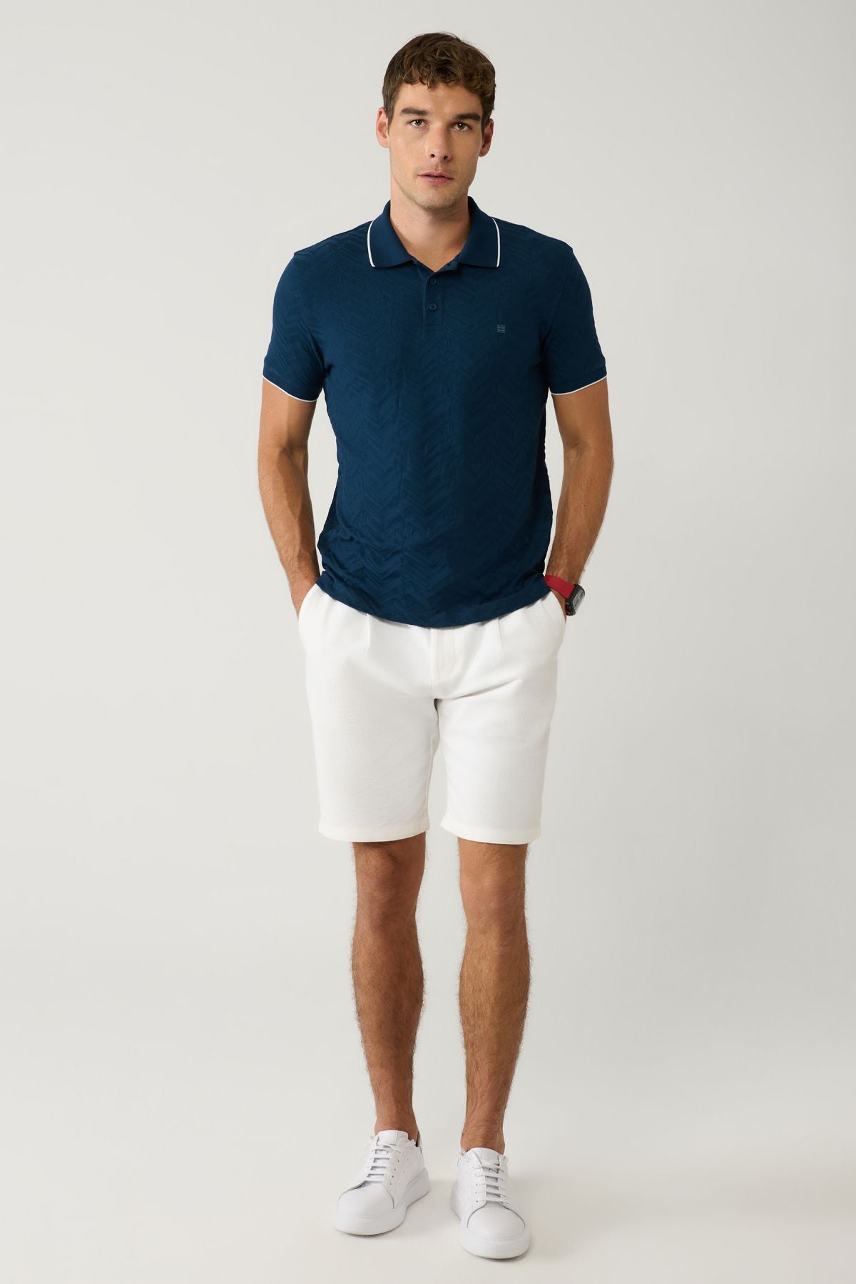 Erkek Lacivert %100 Pamuk 3 Düğmeli Jakarlı Polo Yaka T-shirt A41y1147