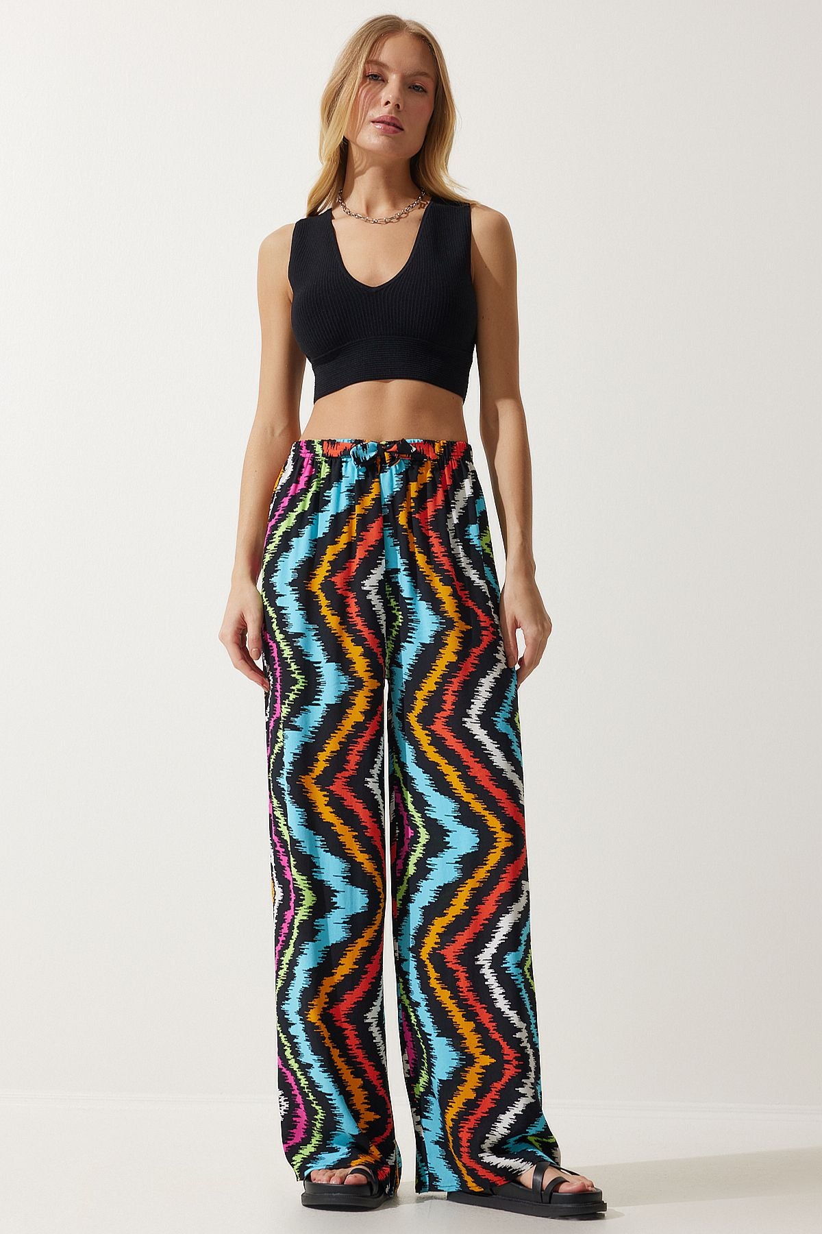 Female Black Blue Patterned Viscose Palazzo Pants EN00606