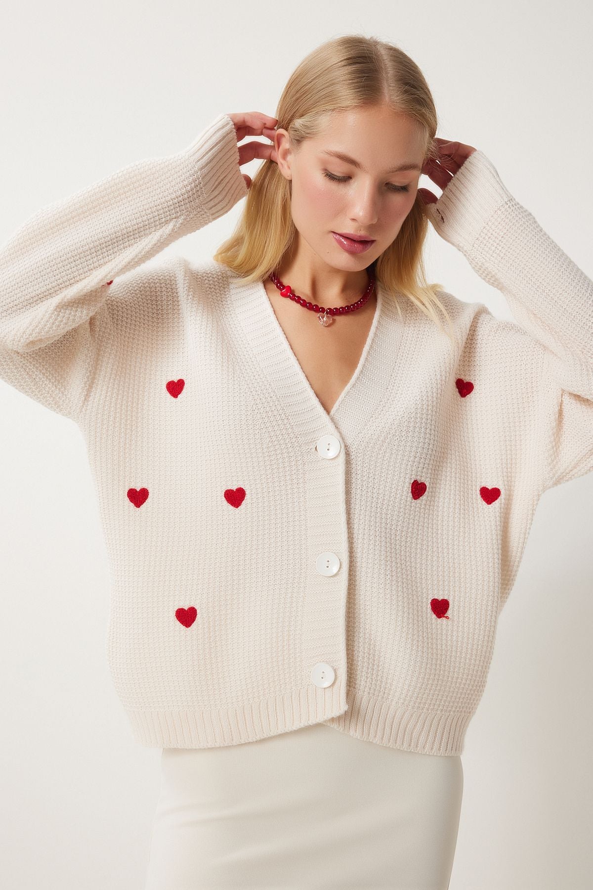 Women's Cream V -Neck Heart Textured knitwear cardigan kg00011