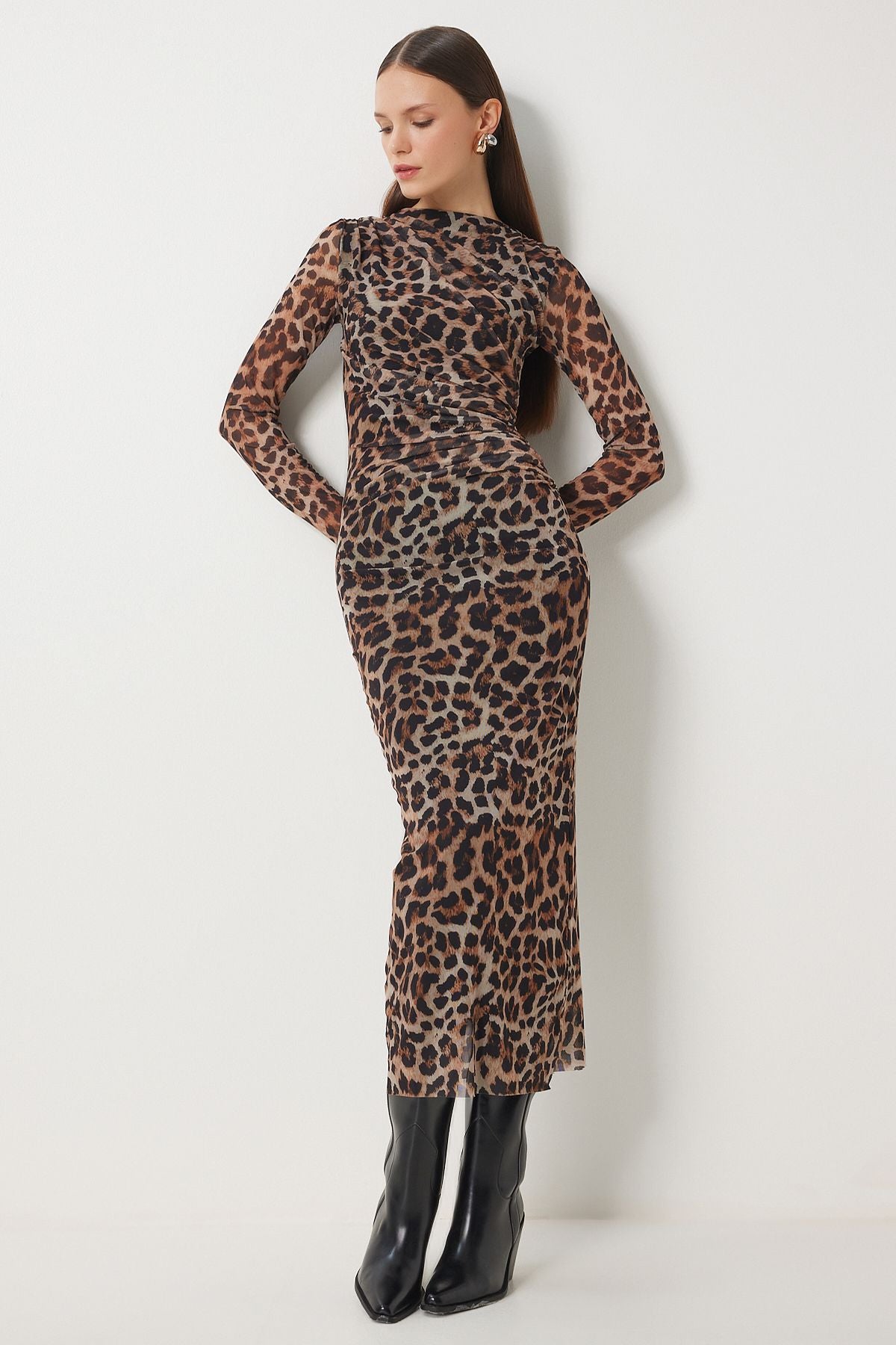 Female Brown Beige Leopard Patterned Patterned Shirred Tulle Dress DK00172