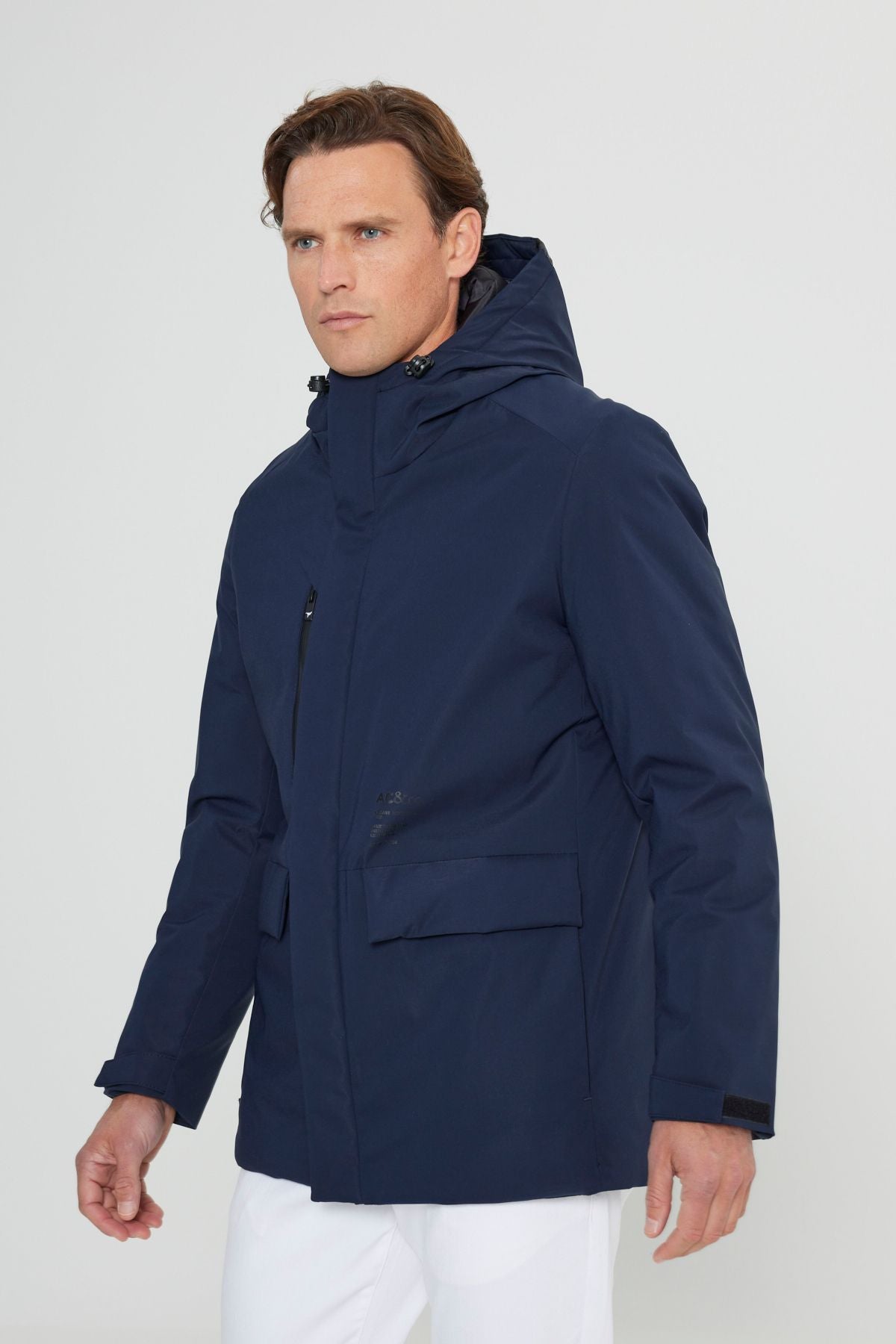 Men's navy blue hooded upright collar standard fit hot holding windproof coat coat