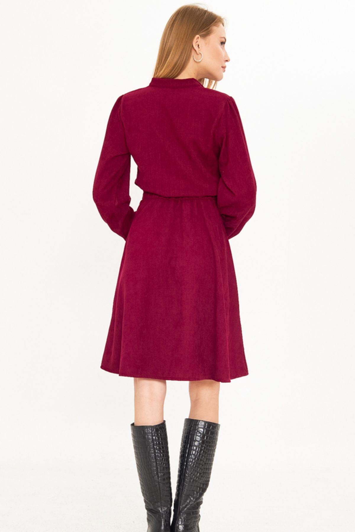 Female Plum Velvet V-Yaka Waist Fine Wick with Rubber Clash Dress ARM-25K001049