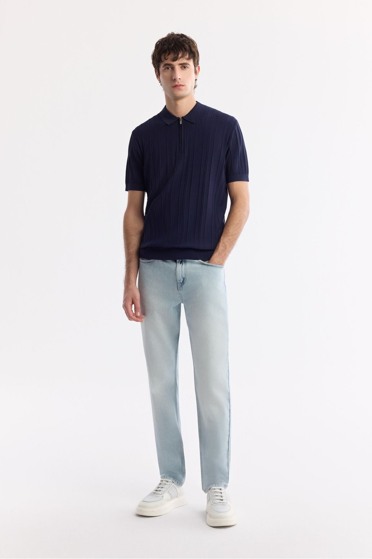 Male Navy Blue Polo Yaka Zipper Wick Knit Detailed Rayon Triko T-Shirt A51Y5046