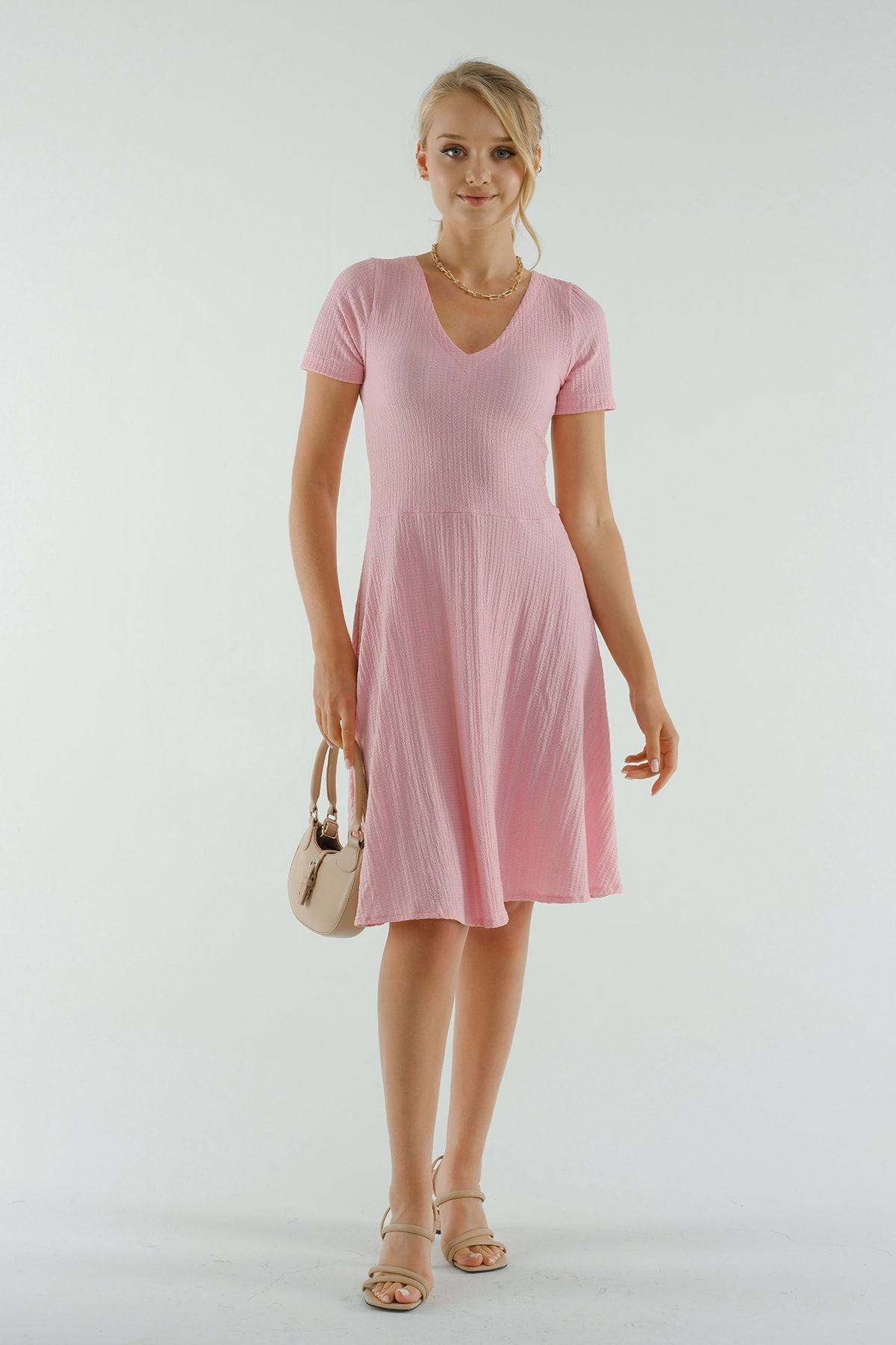 Woman Powder V-Neck Short Sleeve Clash Dress ARM-23Y001081